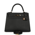 Pre-owned Hermes Special Order (HSS) Kelly Sellier 28 Black Chevre Mysore Permabrass Hardware