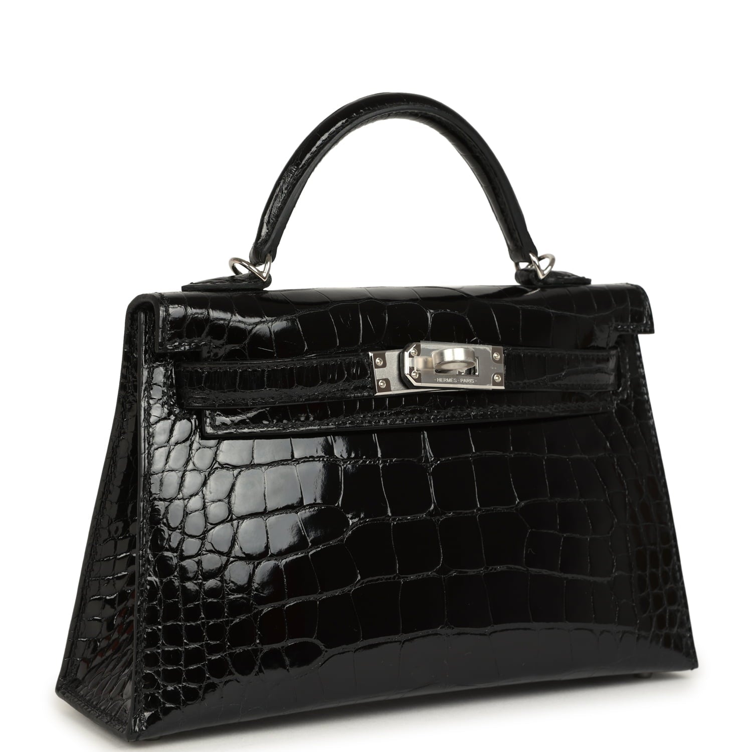 Hermes Kelly Sellier 20 Black Shiny Alligator Palladium Hardware