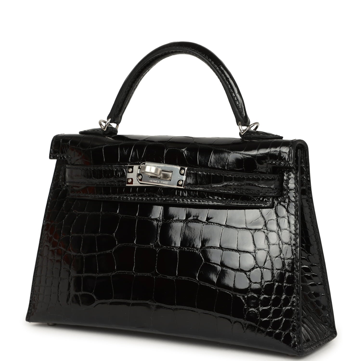 Hermes Kelly Sellier 20 Black Shiny Alligator Palladium Hardware