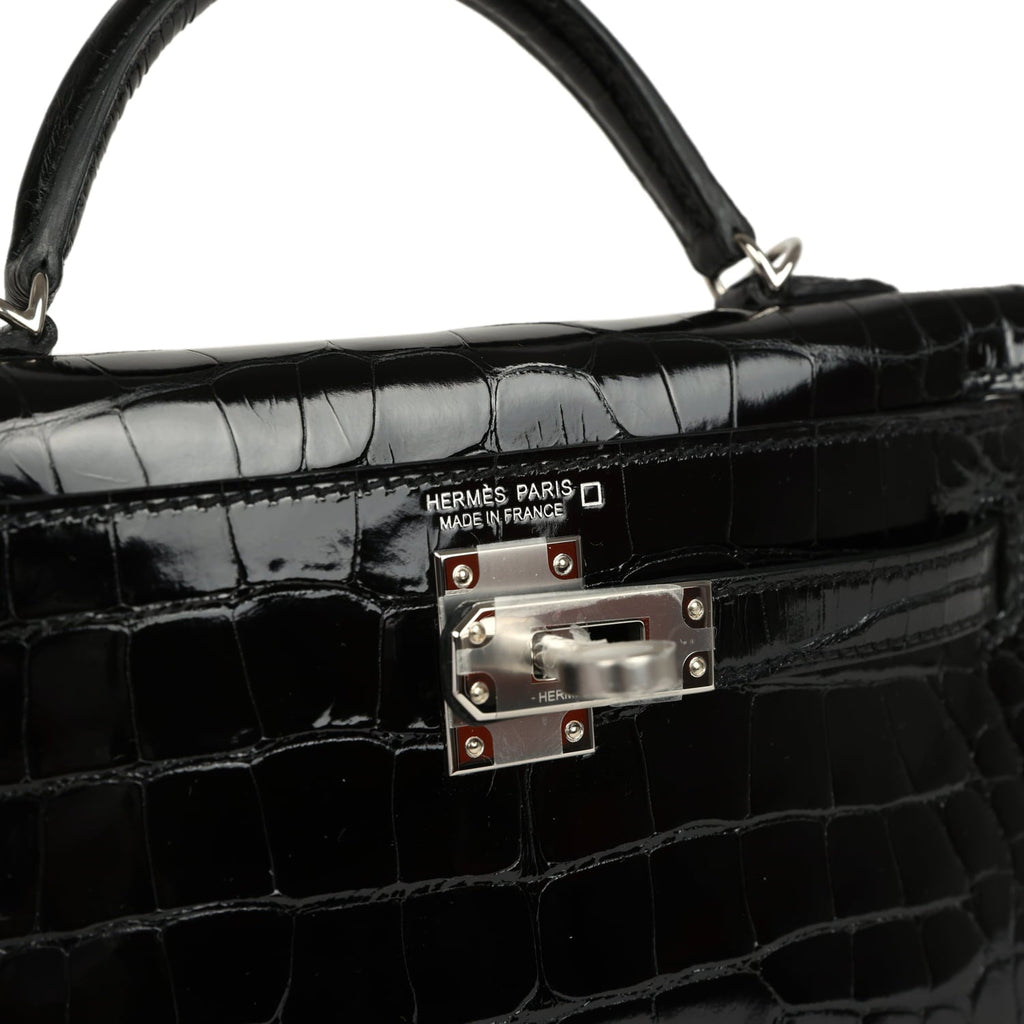 Hermes Kelly Sellier 20 Black Shiny Alligator Palladium Hardware