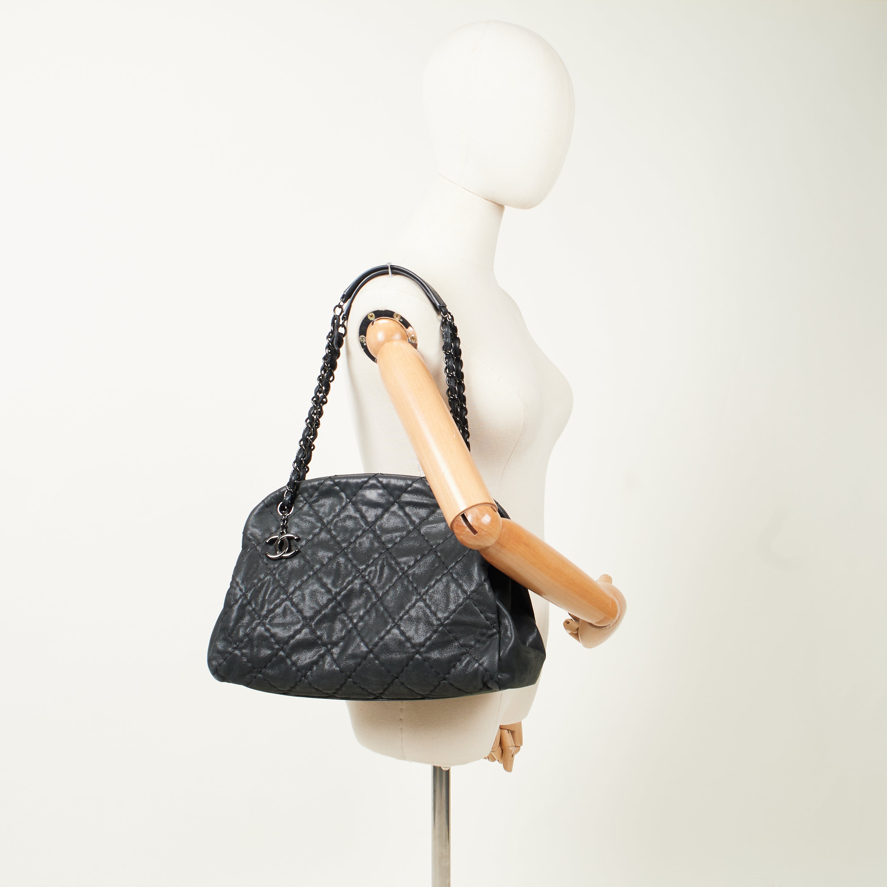 Chanel Tote Mademoiselle Bowling Bag - Medium in Black, Nubuck