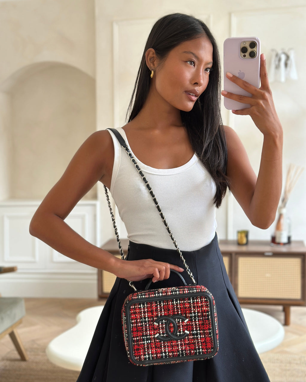 Chanel Black and Red Medium CC Filigree Vanity Case Bag in Tweed with Silver Hardware and Chain Detail