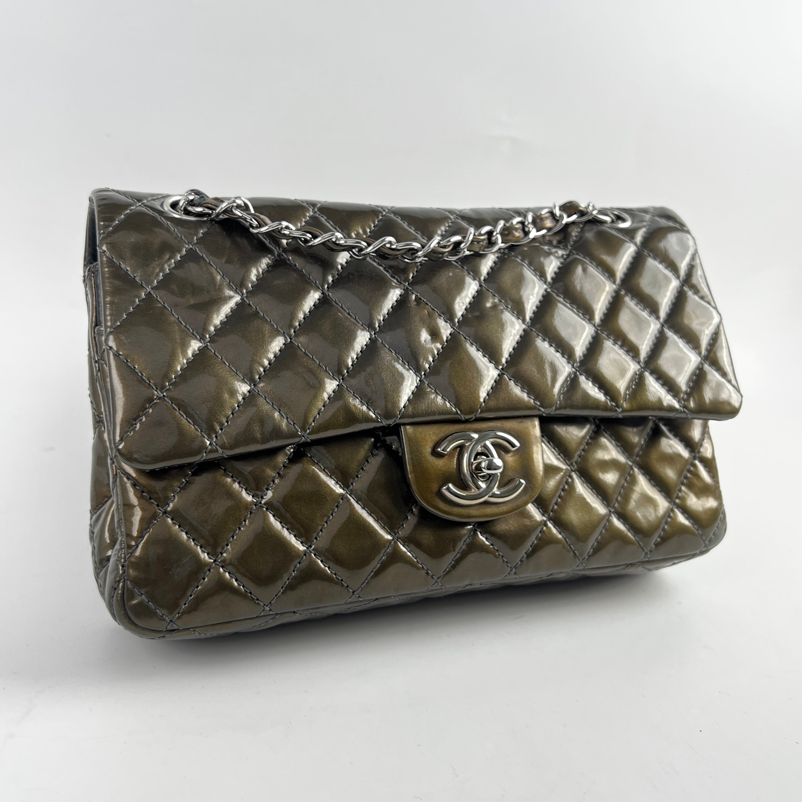 Chanel Patent Small Classic Flap Dark Green 12 Series