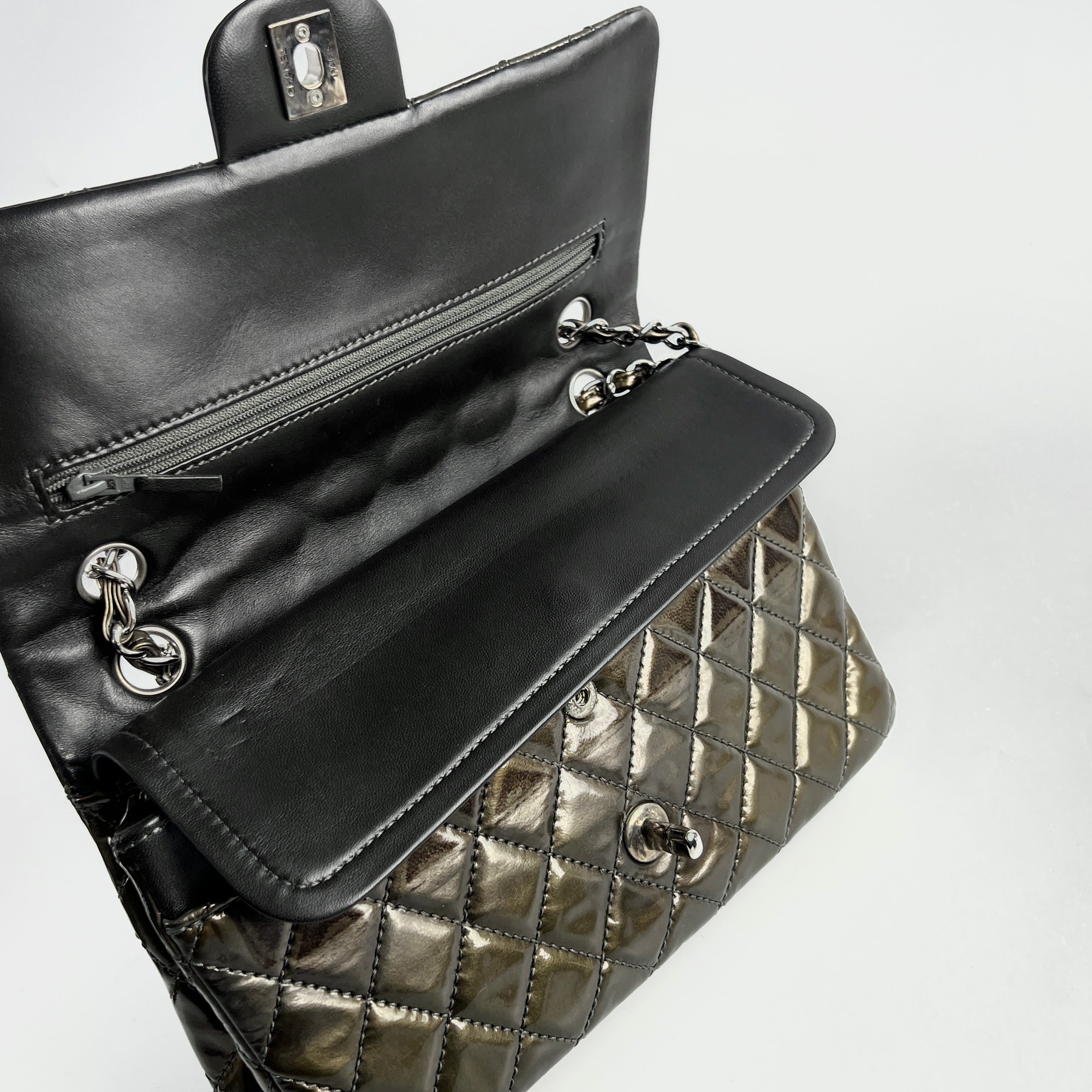 Chanel Patent Small Classic Flap Dark Green 12 Series