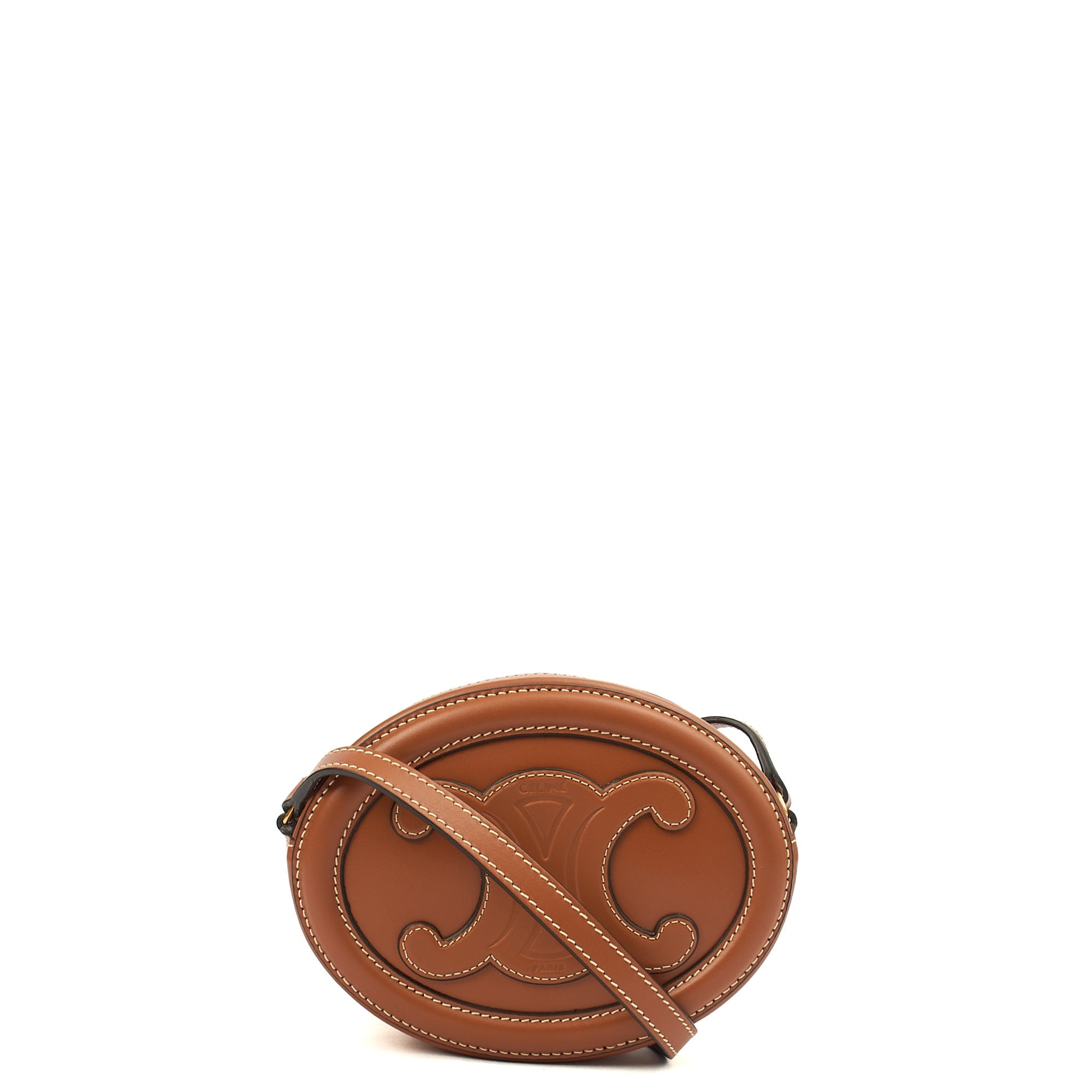 Celine Cross Body Triomphe Oval Crossbody in Brown, Box Calfskin