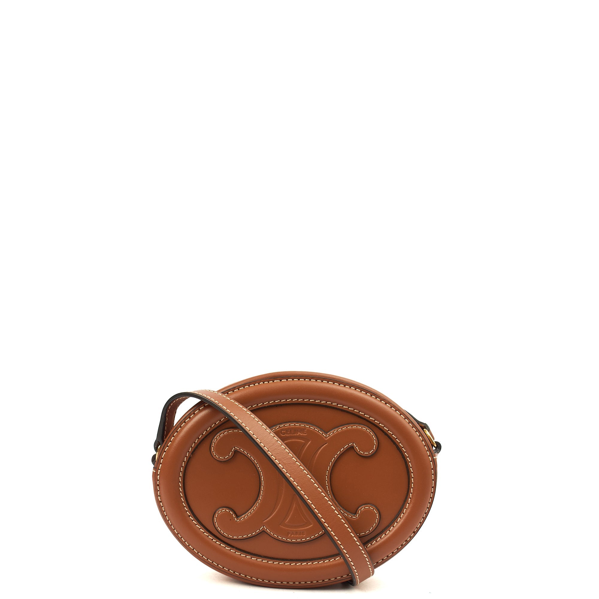 Celine Cross Body Triomphe Oval Crossbody in Brown, Box Calfskin