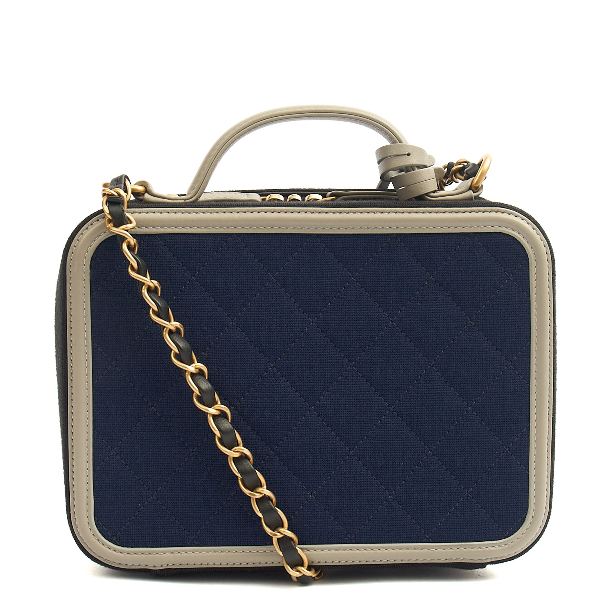 Chanel Shoulder Bag CC Filigree Vanity Case in Blue, Fabric