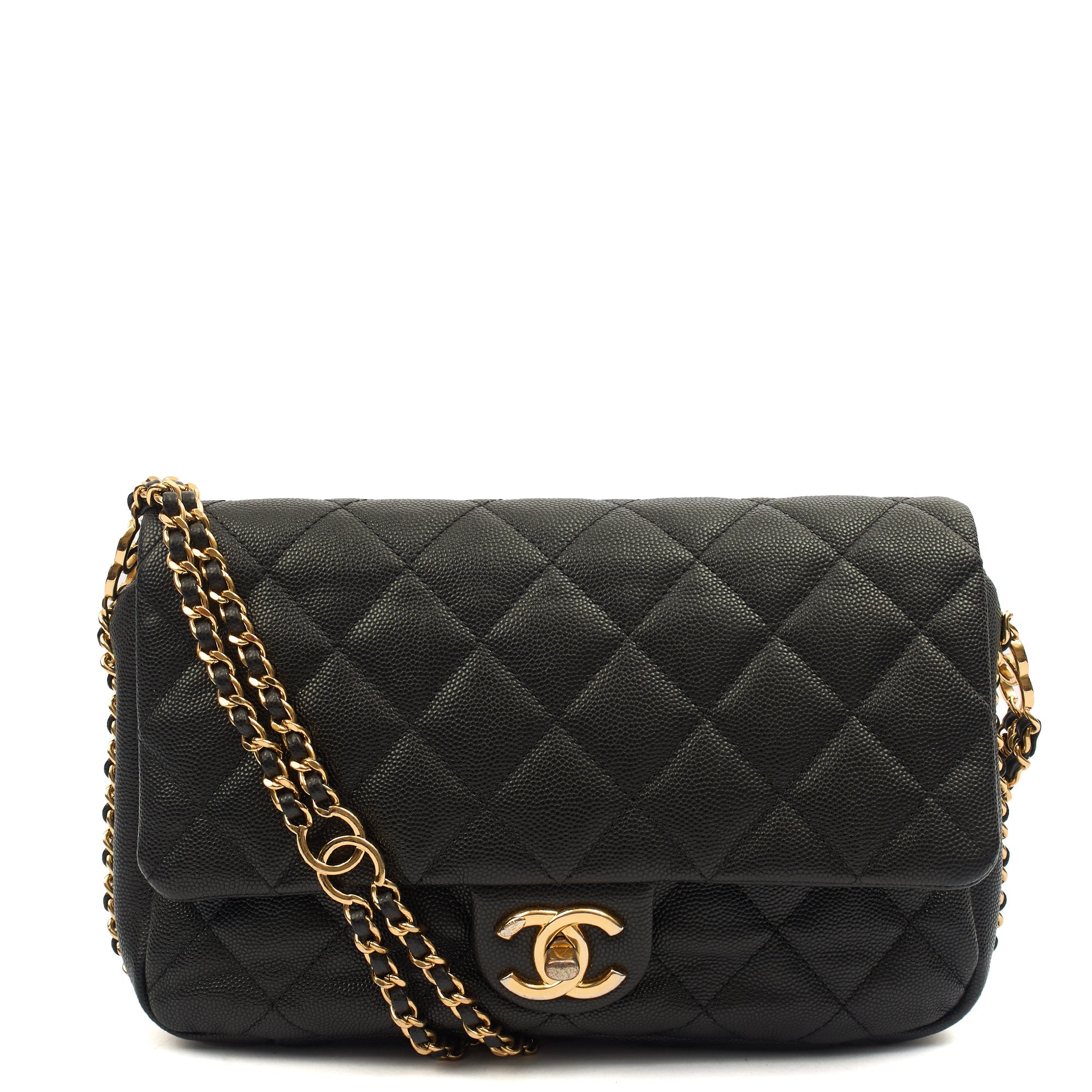 Chanel Cross Body Chain Around Flap in Black, Caviar Leather