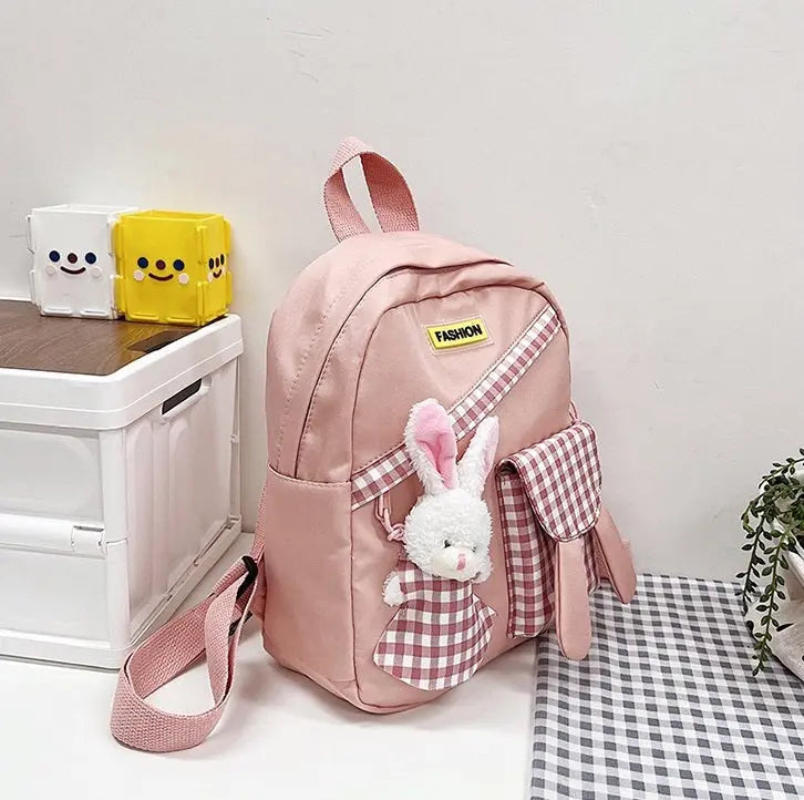 Girls Gingham Rabbit & Letter Patch Decor Functional Backpack 2919