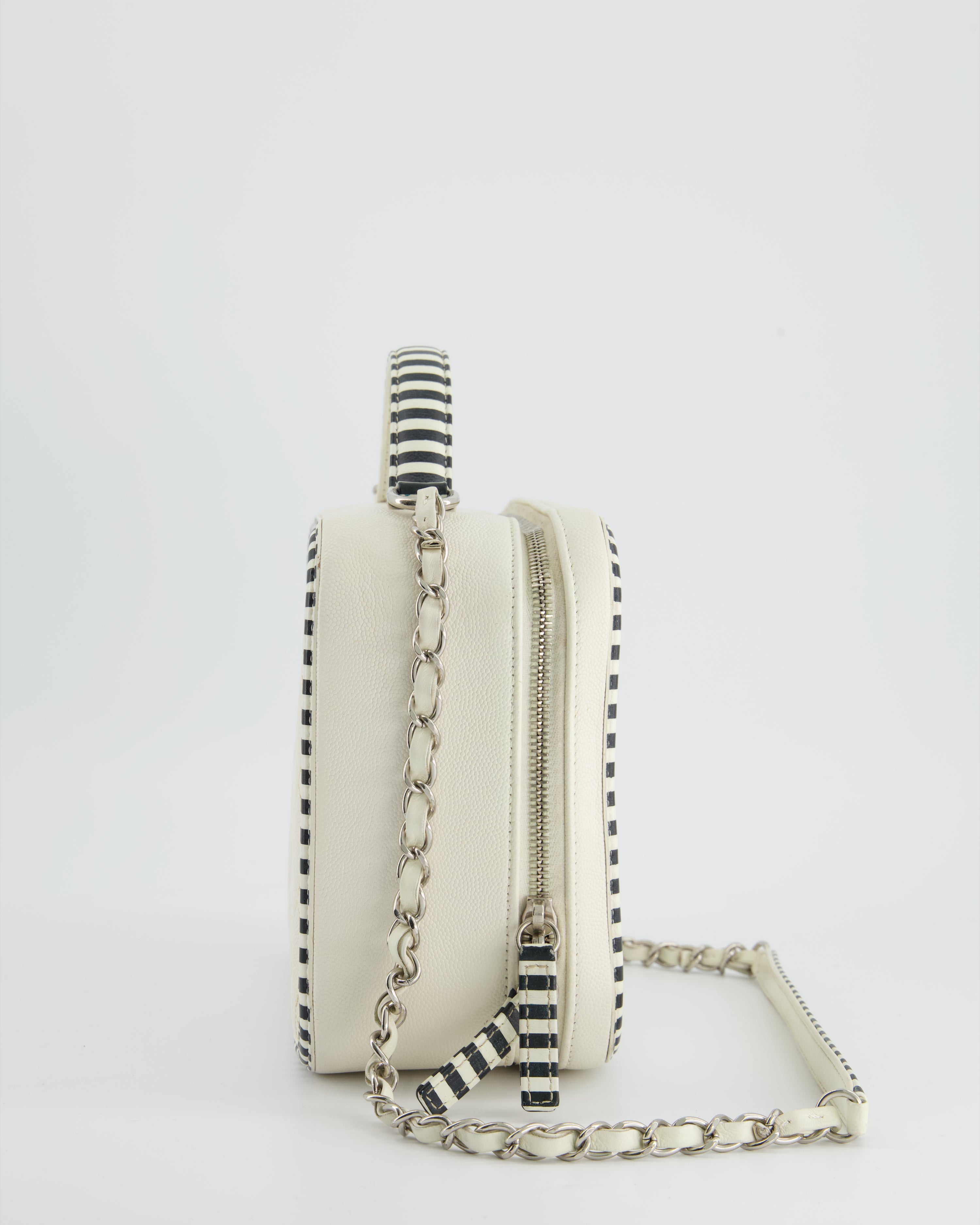 *HOT* Chanel White Caviar Vanity Case with Zebra Motif CC Logo and Silver Hardware