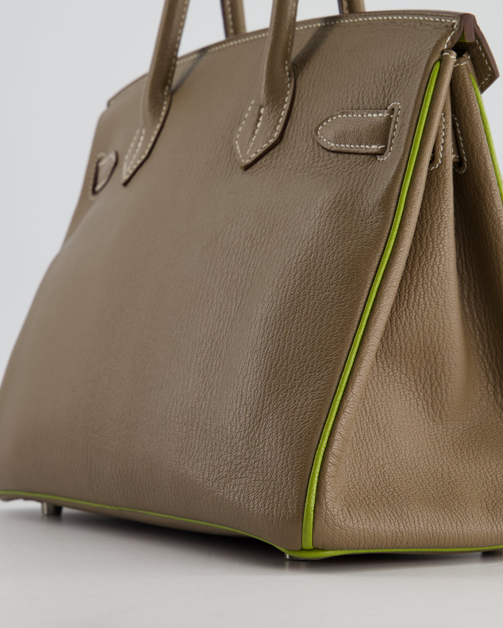 Hermès HSS Birkin 30 Retourne Bag in Etoupe & Vert Anis Chèvre Mysore with Brushed Palladium Hardware