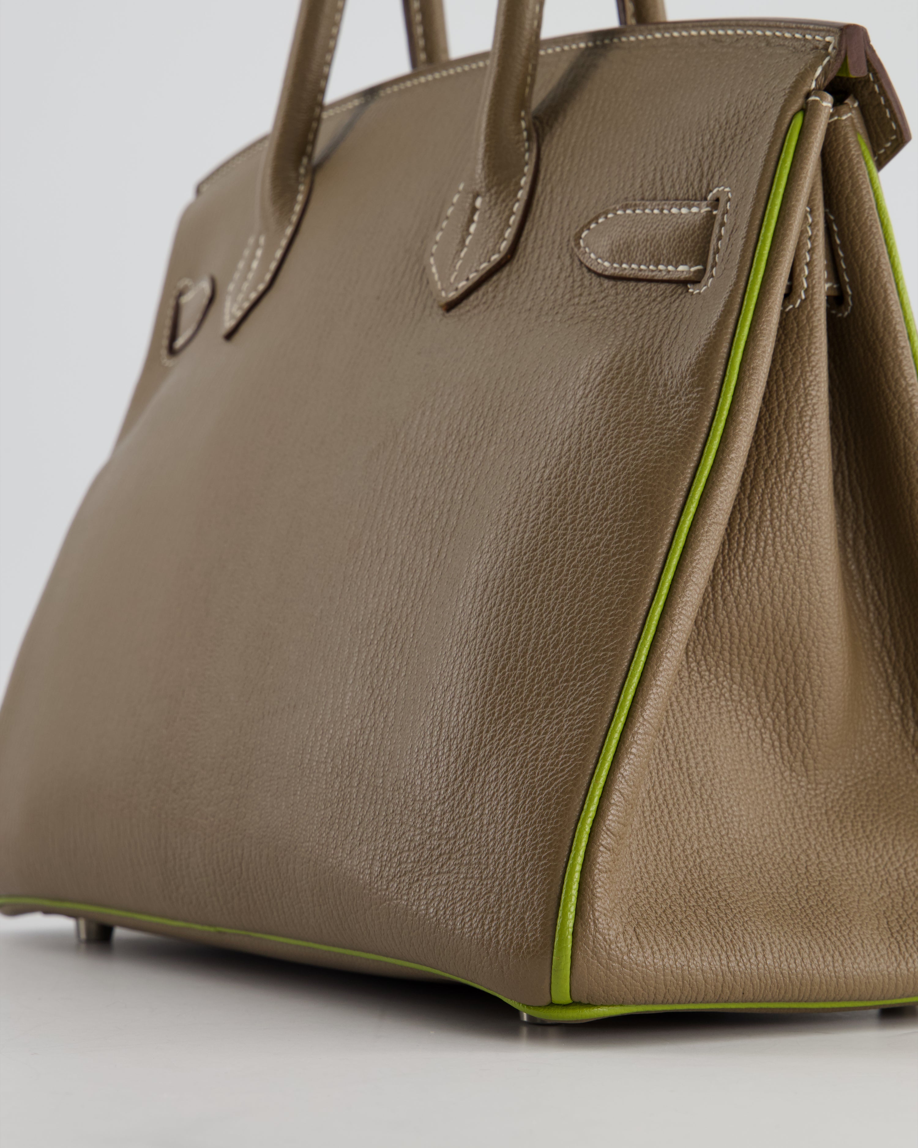Hermès HSS Birkin 30 Retourne Bag in Etoupe & Vert Anis Chèvre Mysore with Brushed Palladium Hardware