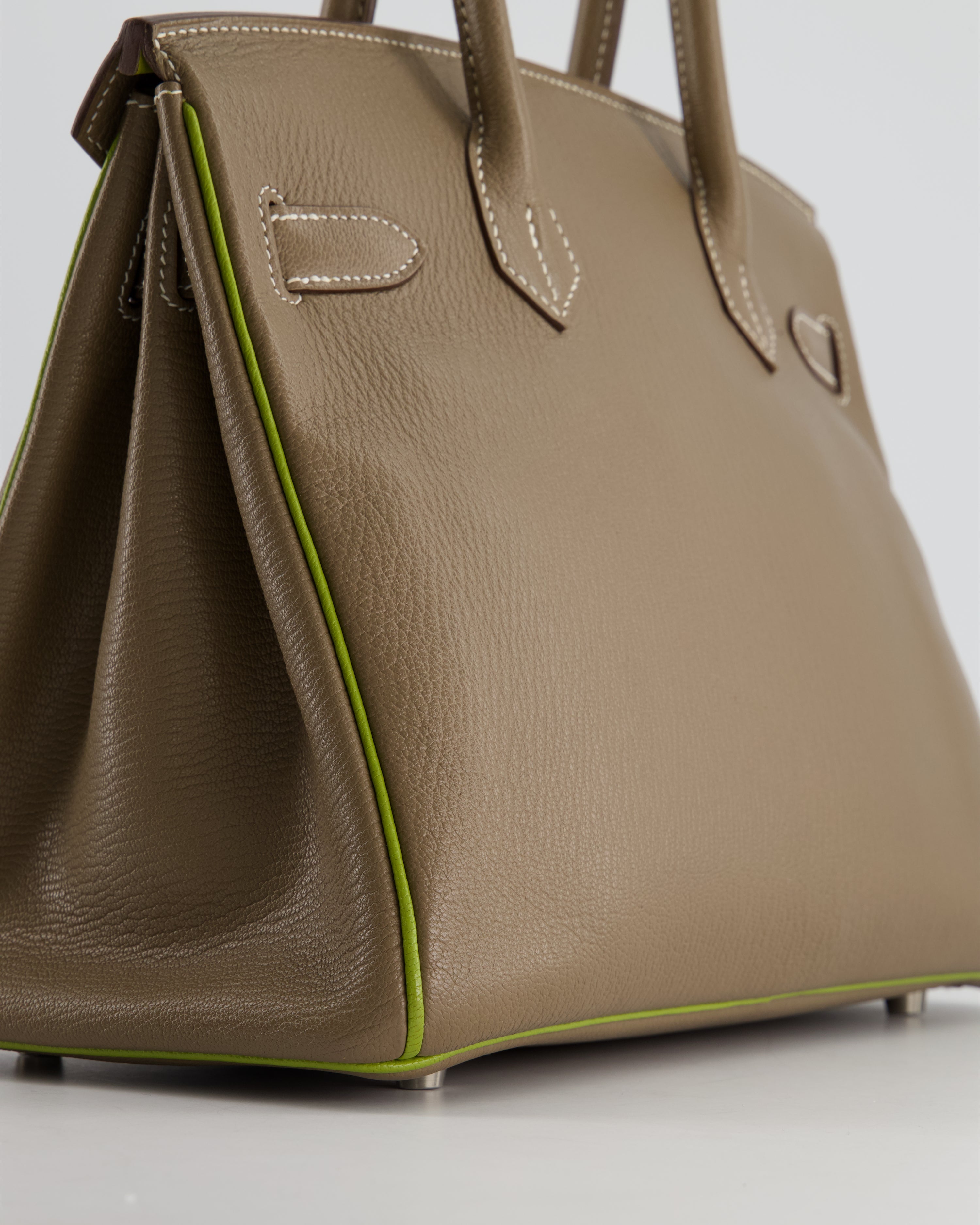 Hermès HSS Birkin 30 Retourne Bag in Etoupe & Vert Anis Chèvre Mysore with Brushed Palladium Hardware