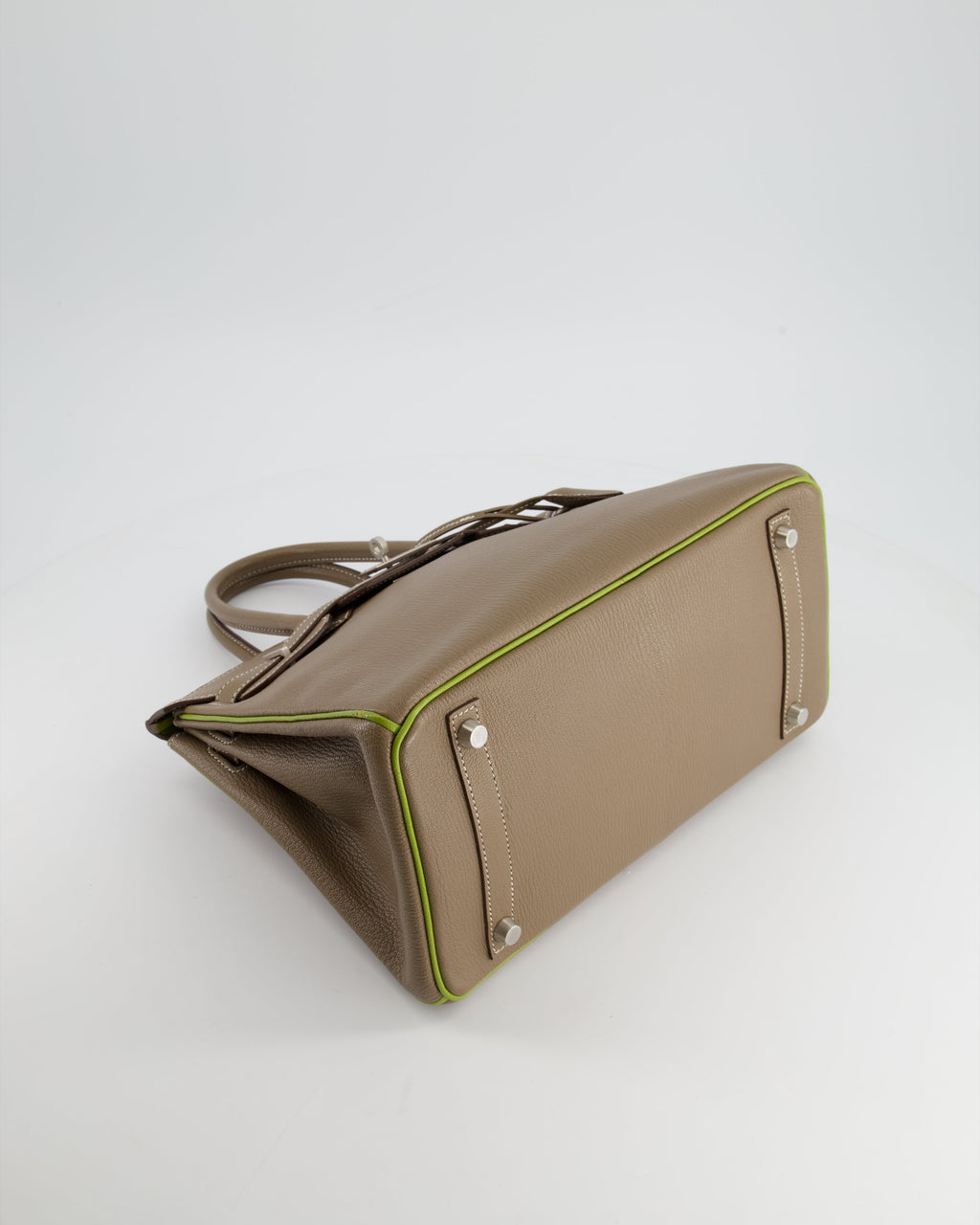 Hermès HSS Birkin 30 Retourne Bag in Etoupe & Vert Anis Chèvre Mysore with Brushed Palladium Hardware