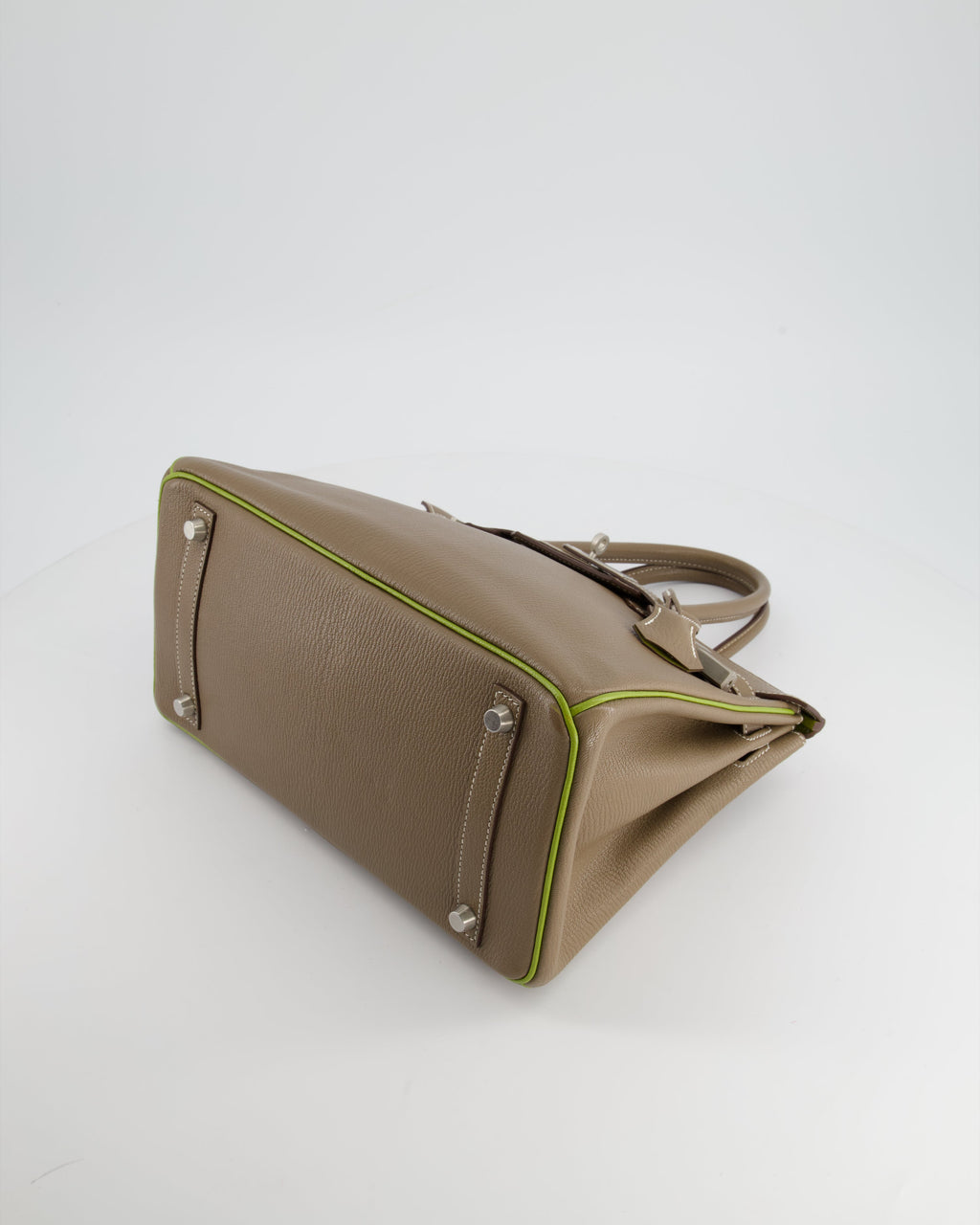 Hermès HSS Birkin 30 Retourne Bag in Etoupe & Vert Anis Chèvre Mysore with Brushed Palladium Hardware