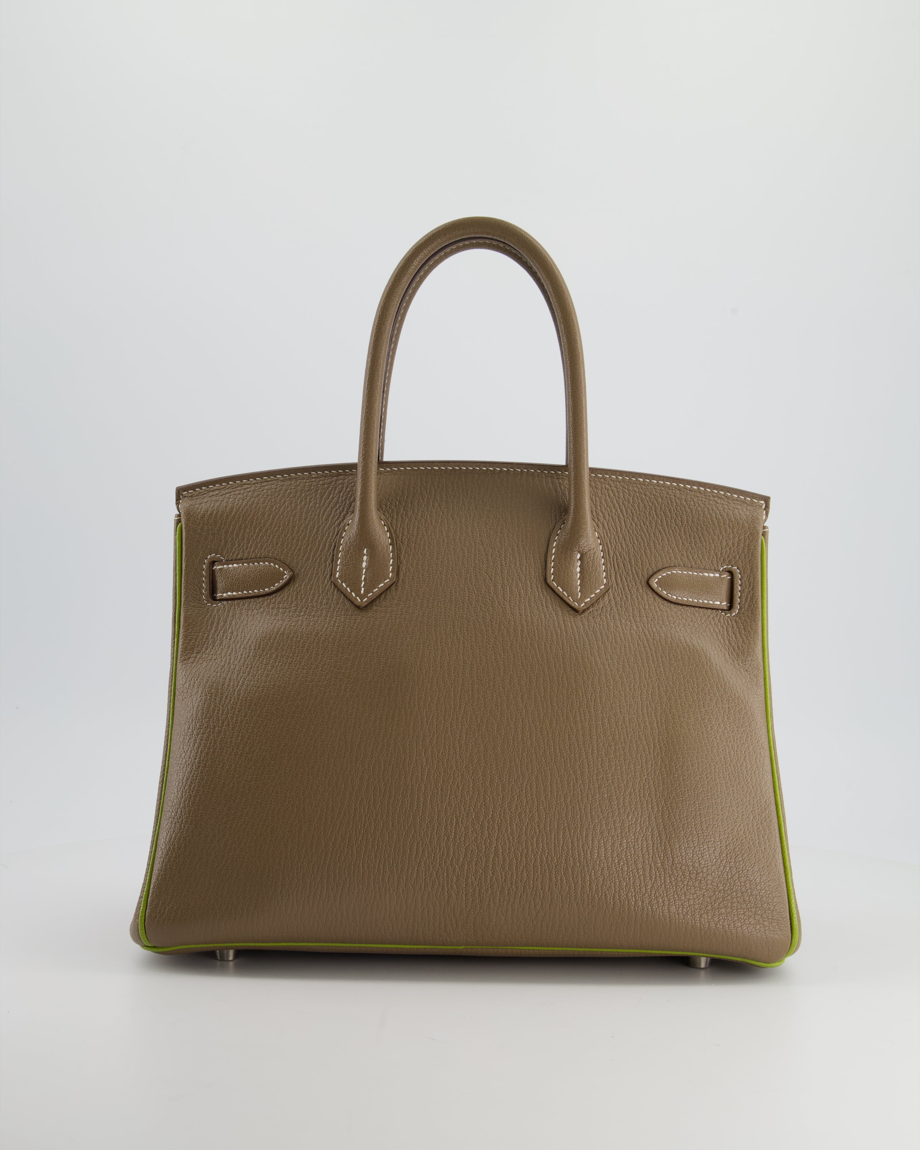 Hermès HSS Birkin 30 Retourne Bag in Etoupe & Vert Anis Chèvre Mysore with Brushed Palladium Hardware