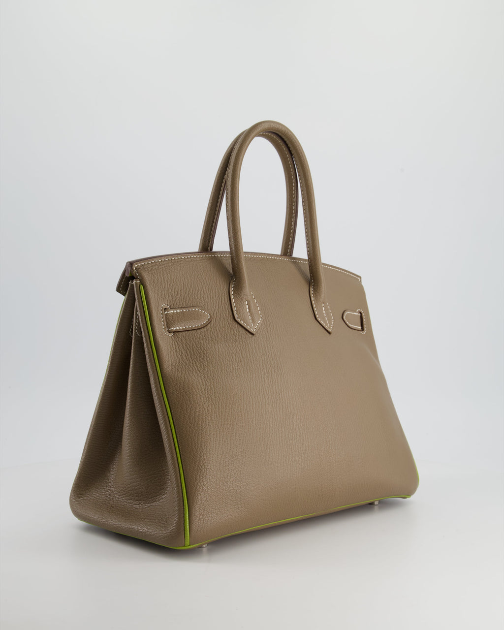 Hermès HSS Birkin 30 Retourne Bag in Etoupe & Vert Anis Chèvre Mysore with Brushed Palladium Hardware