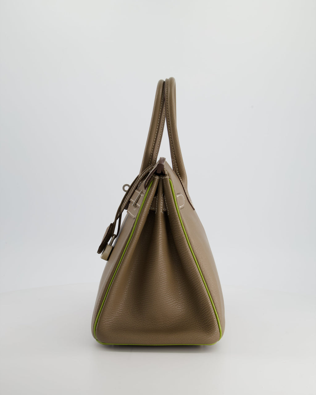 Hermès HSS Birkin 30 Retourne Bag in Etoupe & Vert Anis Chèvre Mysore with Brushed Palladium Hardware