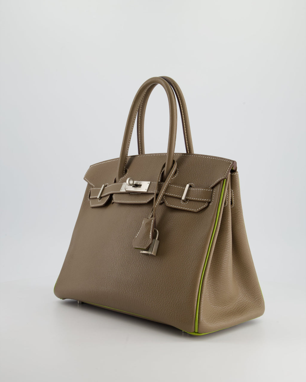 Hermès HSS Birkin 30 Retourne Bag in Etoupe & Vert Anis Chèvre Mysore with Brushed Palladium Hardware