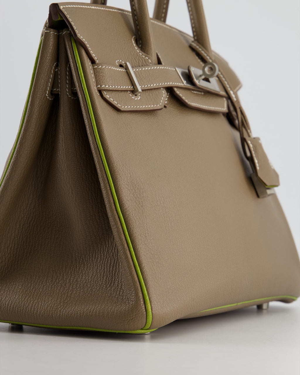 Hermès HSS Birkin 30 Retourne Bag in Etoupe & Vert Anis Chèvre Mysore with Brushed Palladium Hardware