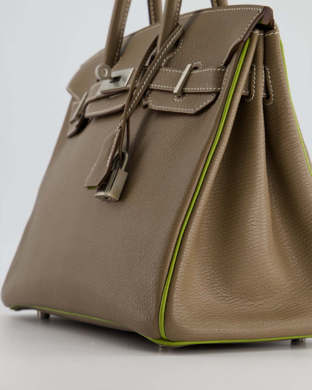 Hermès HSS Birkin 30 Retourne Bag in Etoupe & Vert Anis Chèvre Mysore with Brushed Palladium Hardware