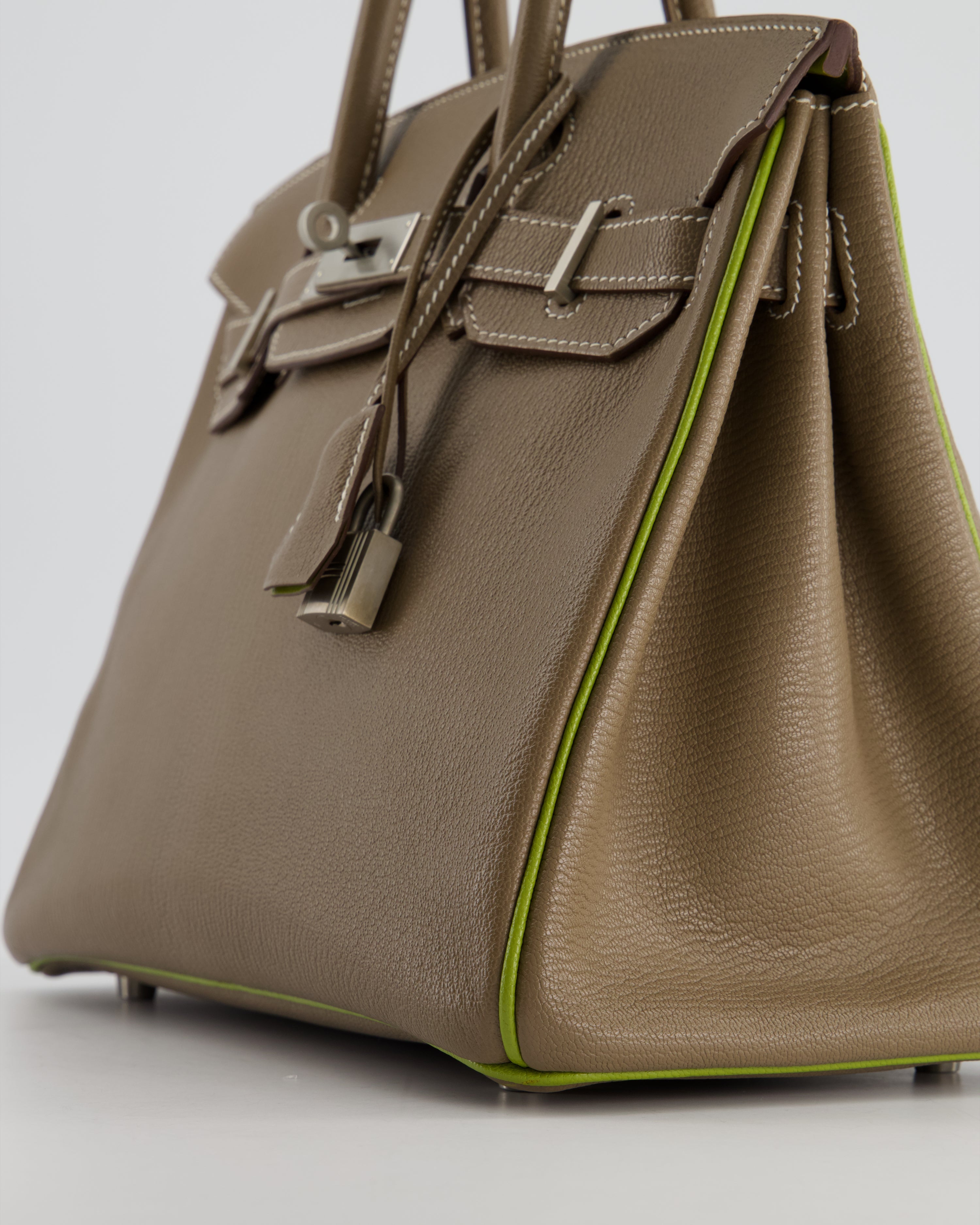 Hermès HSS Birkin 30 Retourne Bag in Etoupe & Vert Anis Chèvre Mysore with Brushed Palladium Hardware