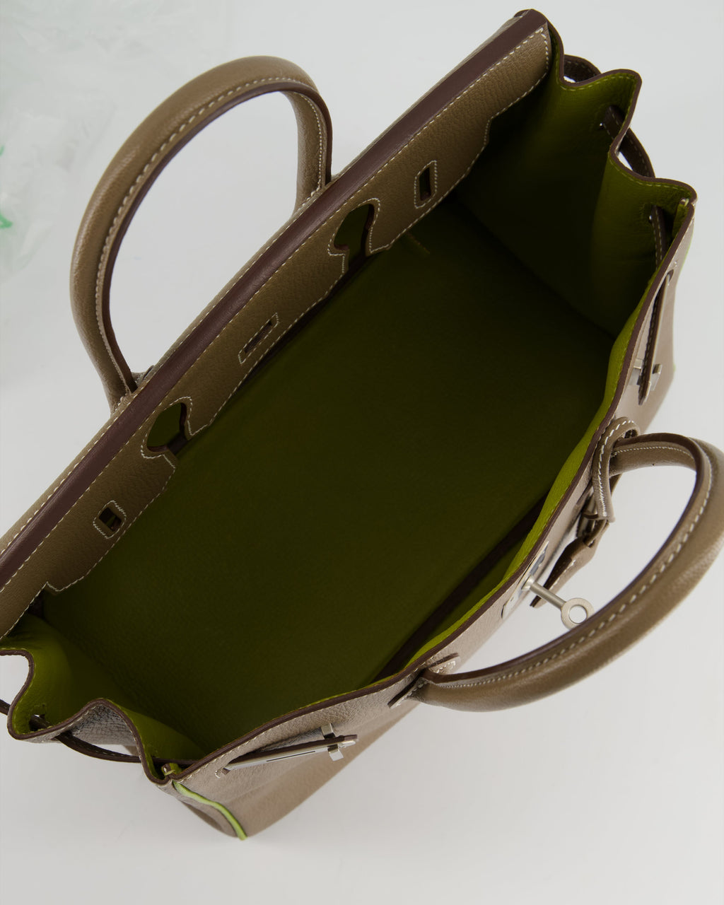 Hermès HSS Birkin 30 Retourne Bag in Etoupe & Vert Anis Chèvre Mysore with Brushed Palladium Hardware