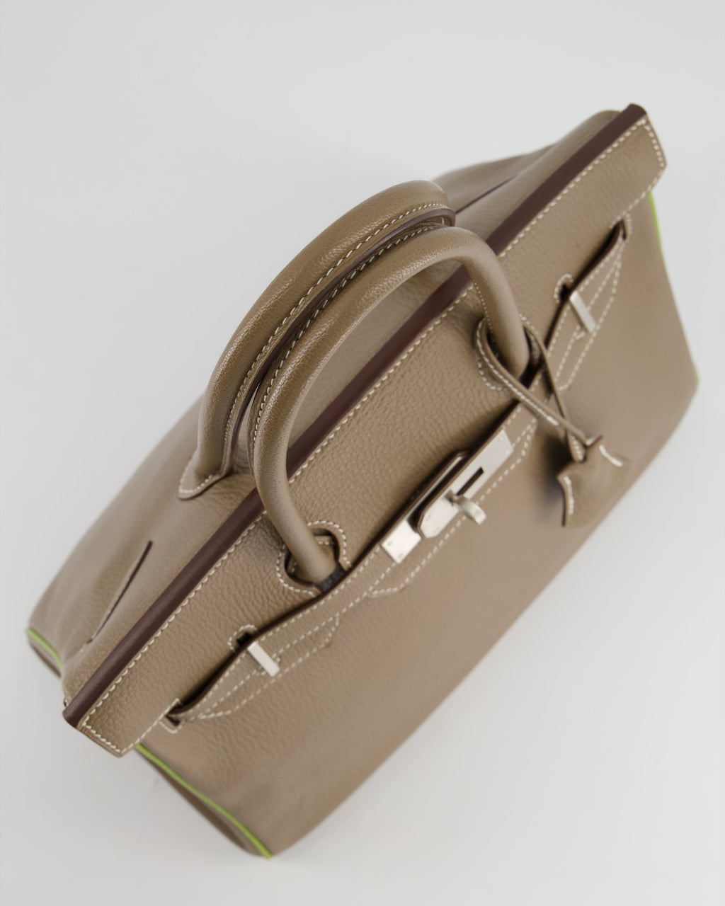 Hermès HSS Birkin 30 Retourne Bag in Etoupe & Vert Anis Chèvre Mysore with Brushed Palladium Hardware