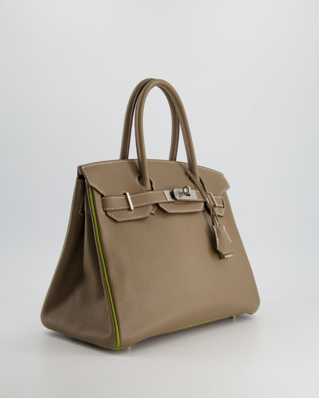 Hermès HSS Birkin 30 Retourne Bag in Etoupe & Vert Anis Chèvre Mysore with Brushed Palladium Hardware