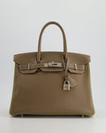 Hermès HSS Birkin 30 Retourne Bag in Etoupe & Vert Anis Chèvre Mysore with Brushed Palladium Hardware