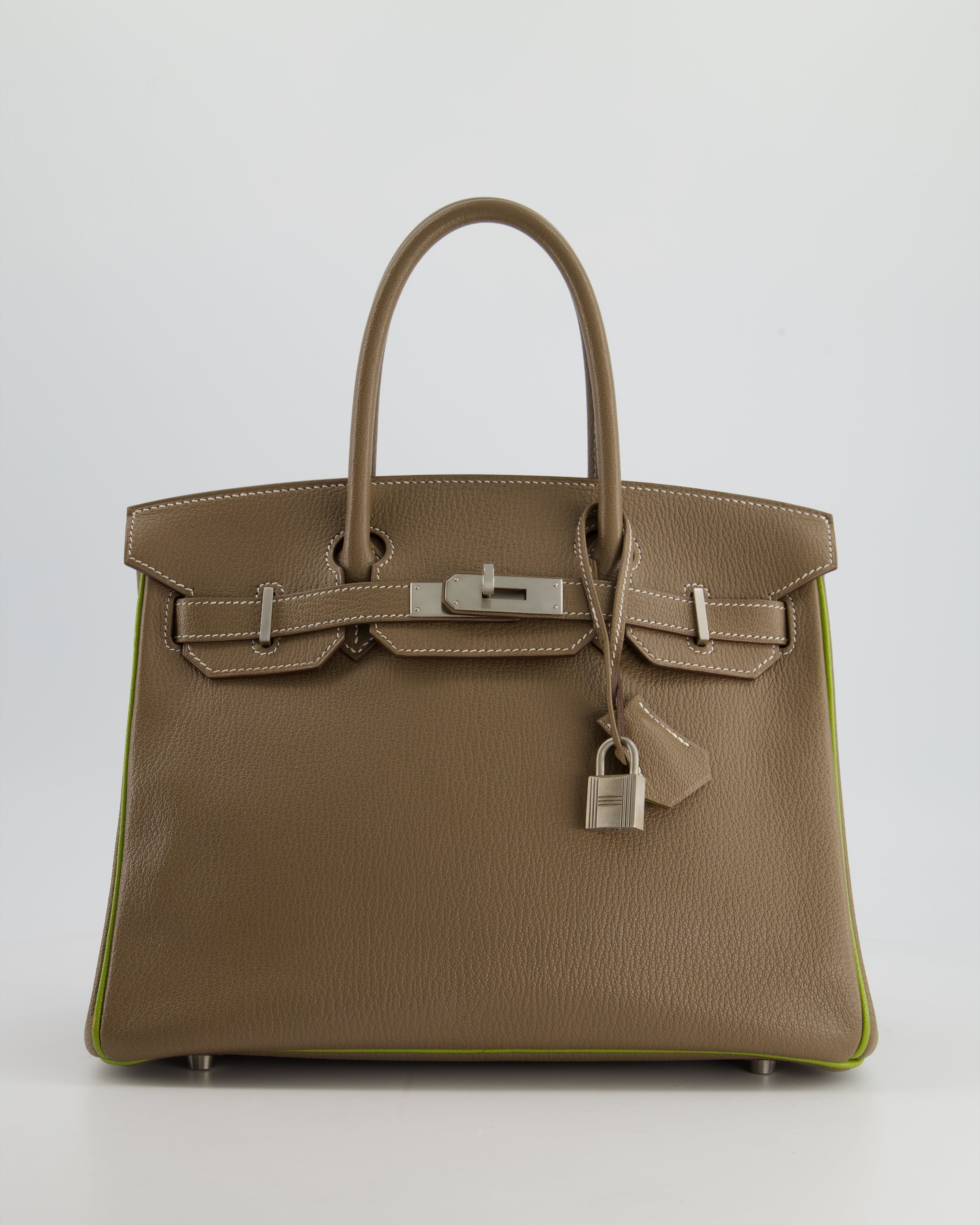 Hermès HSS Birkin 30 Retourne Bag in Etoupe & Vert Anis Chèvre Mysore with Brushed Palladium Hardware