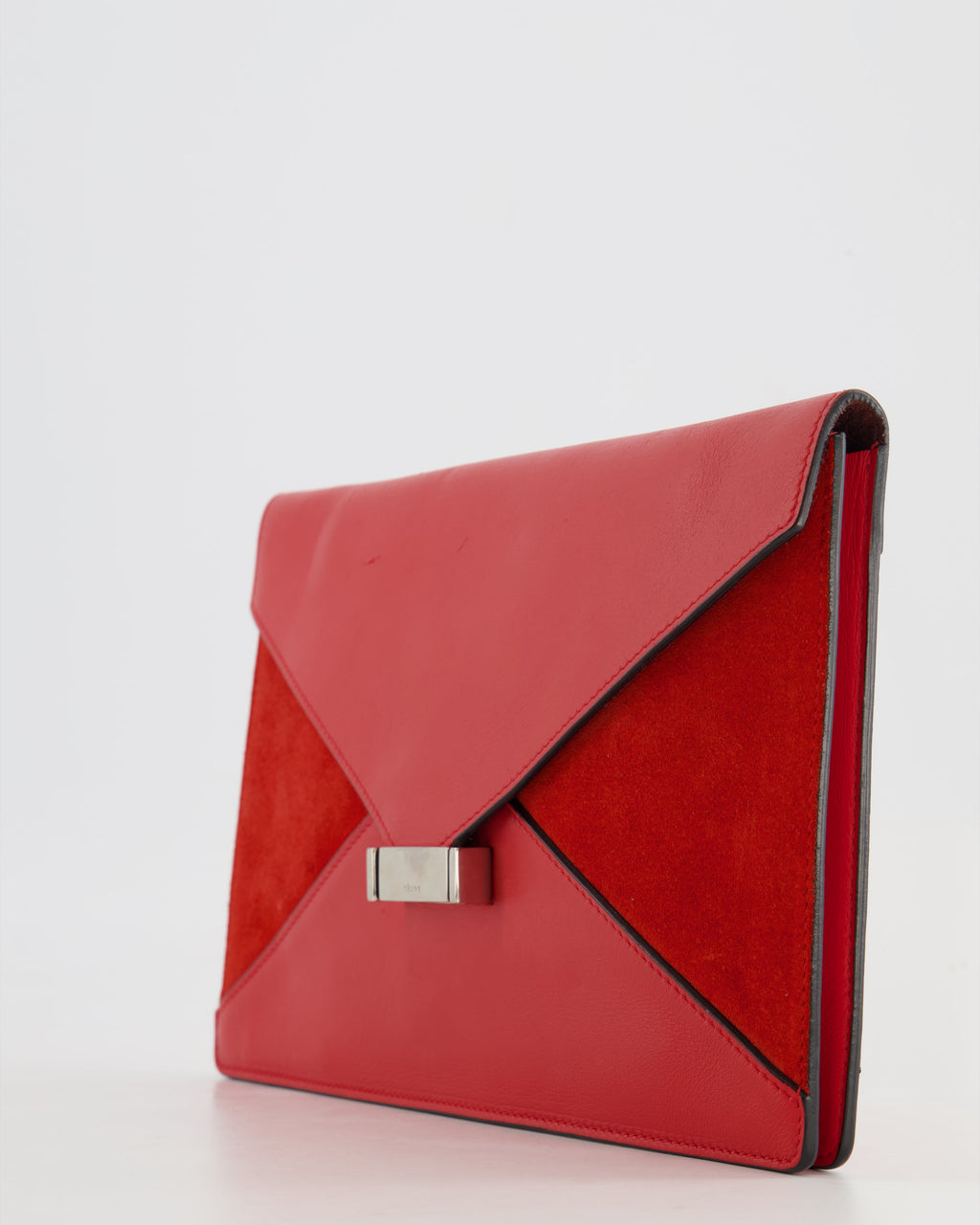 Celine Red Leather and Suede Envelope Pouch Bag with Silver Hardware