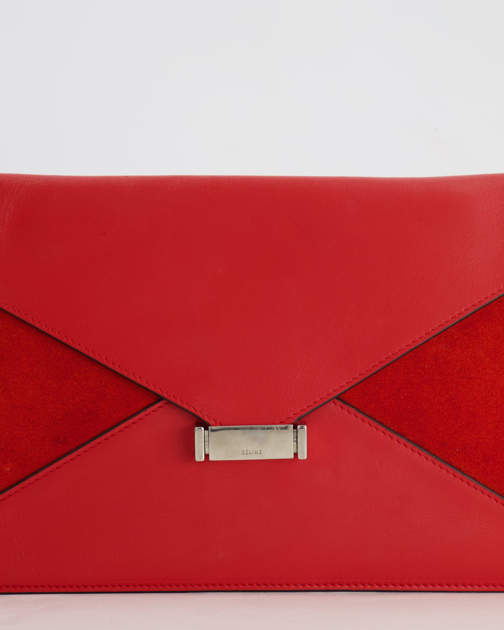 Celine Red Leather and Suede Envelope Pouch Bag with Silver Hardware
