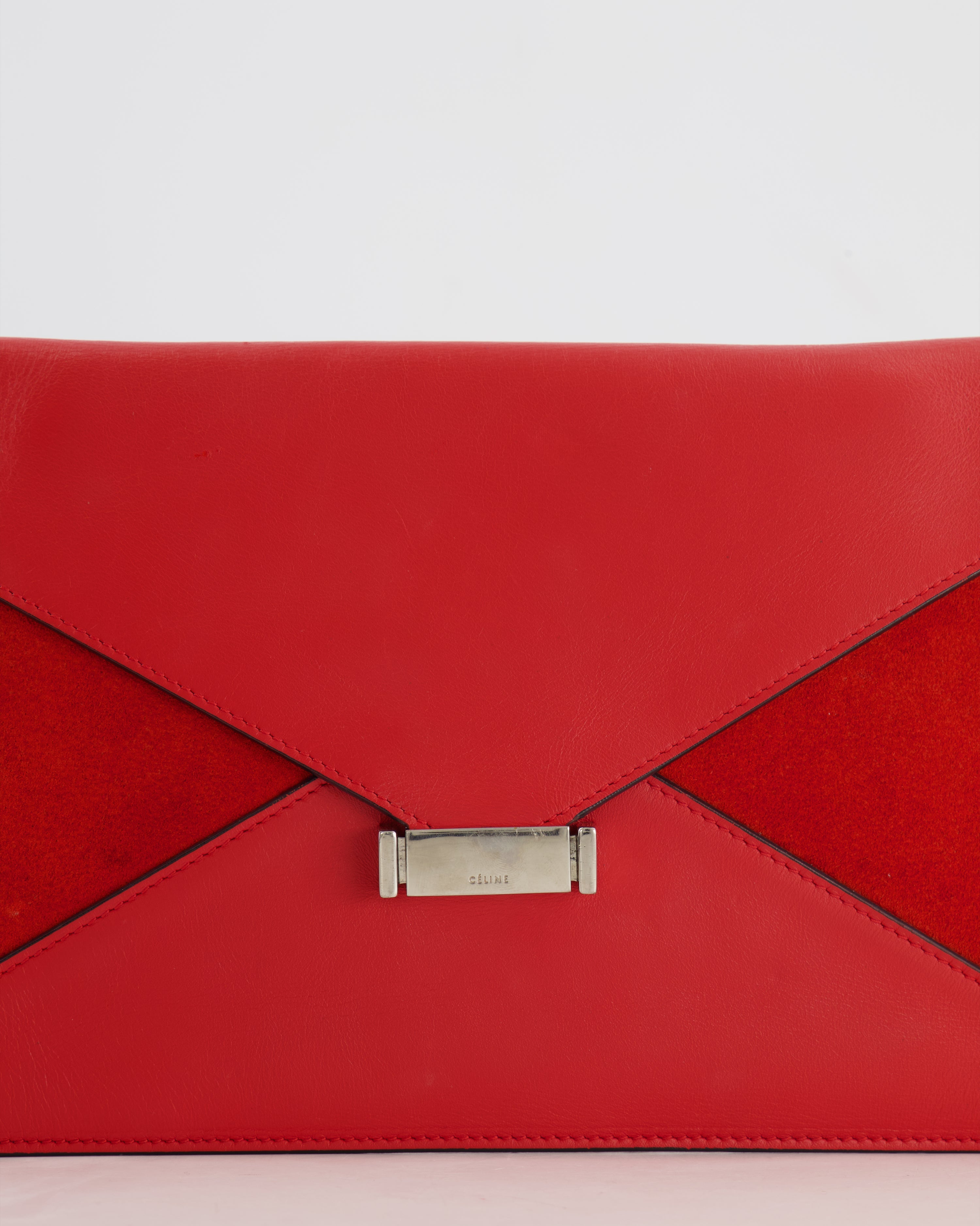 Celine Red Leather and Suede Envelope Pouch Bag with Silver Hardware