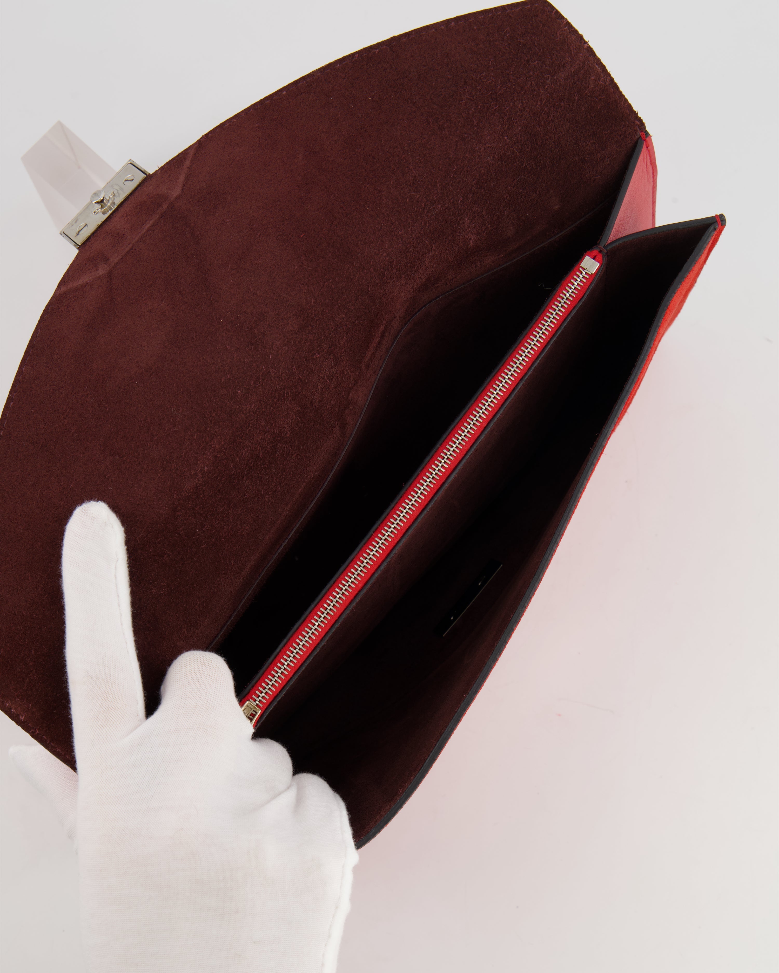 Celine Red Leather and Suede Envelope Pouch Bag with Silver Hardware