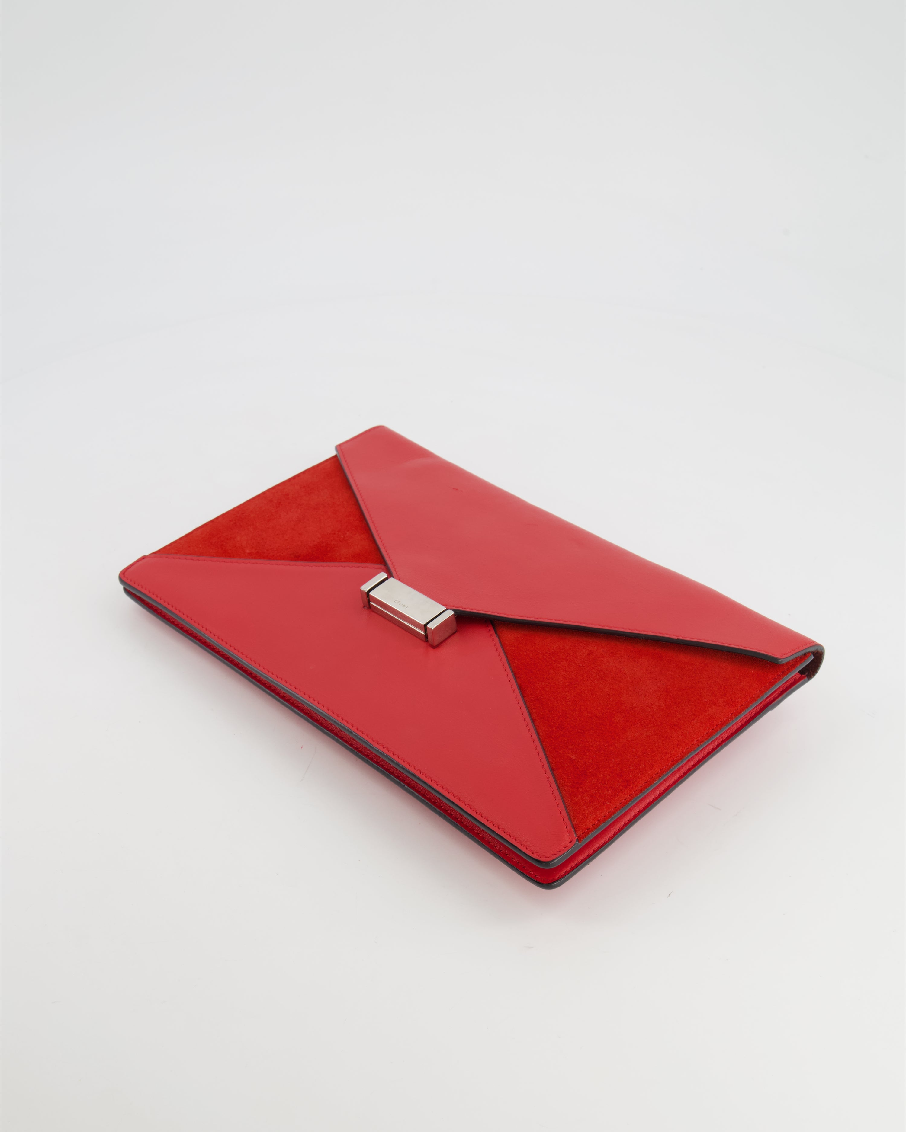 Celine Red Leather and Suede Envelope Pouch Bag with Silver Hardware