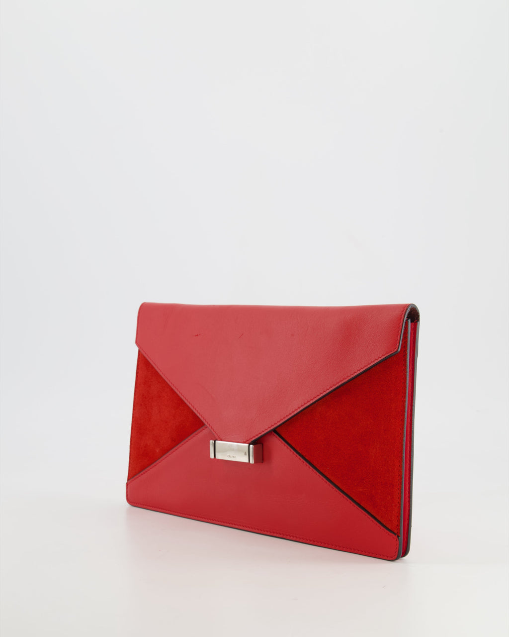 Celine Red Leather and Suede Envelope Pouch Bag with Silver Hardware