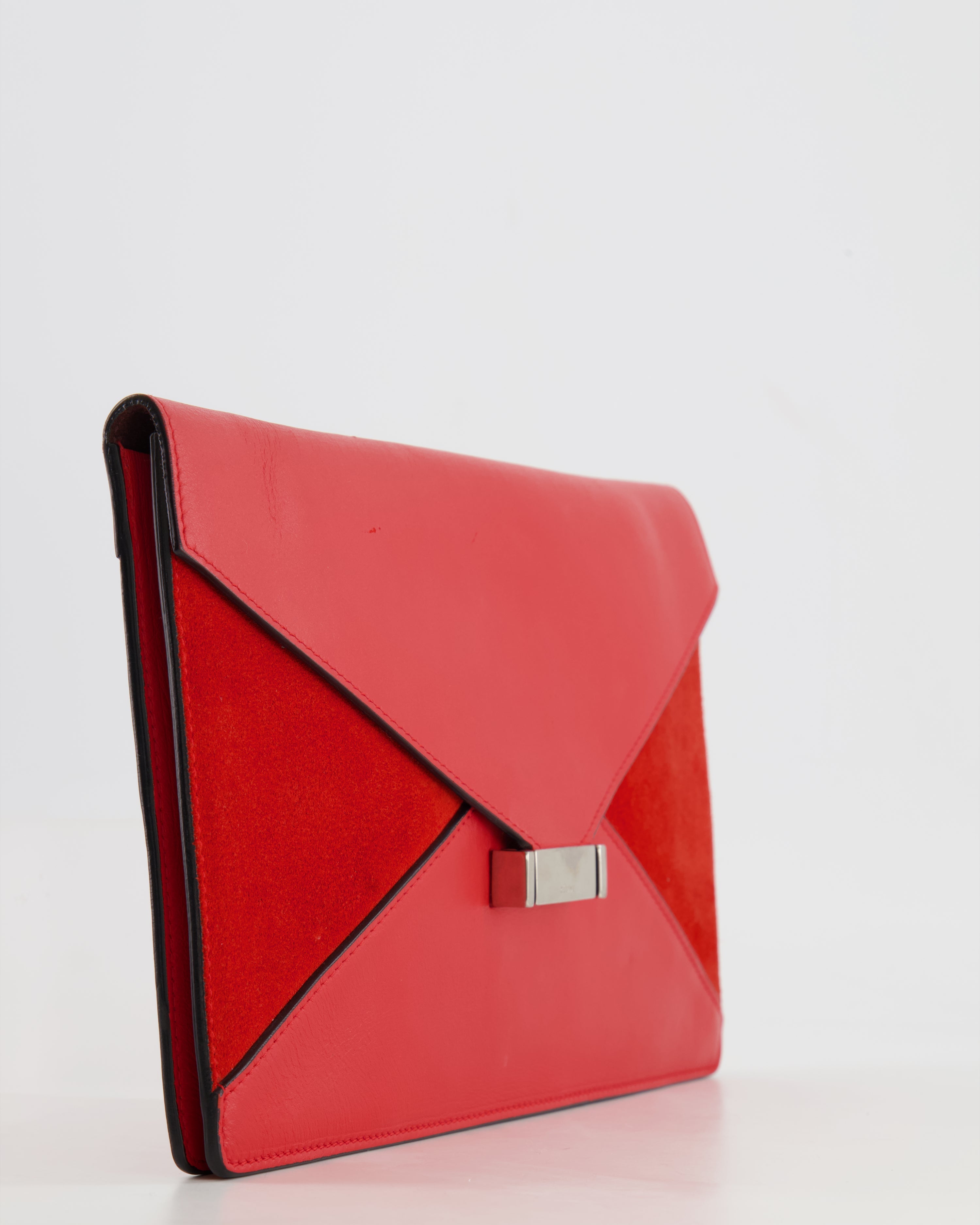 Celine Red Leather and Suede Envelope Pouch Bag with Silver Hardware