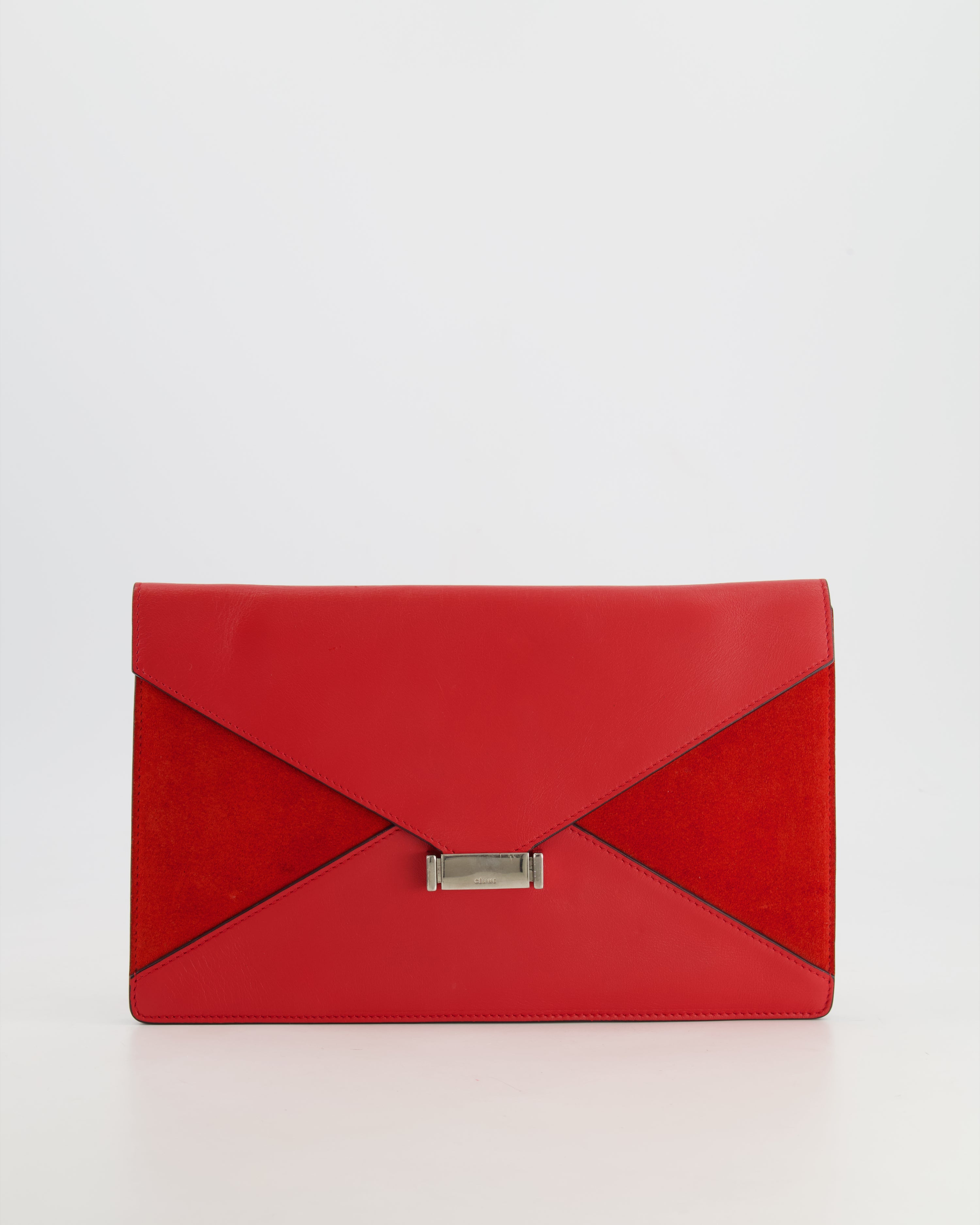 Celine Red Leather and Suede Envelope Pouch Bag with Silver Hardware