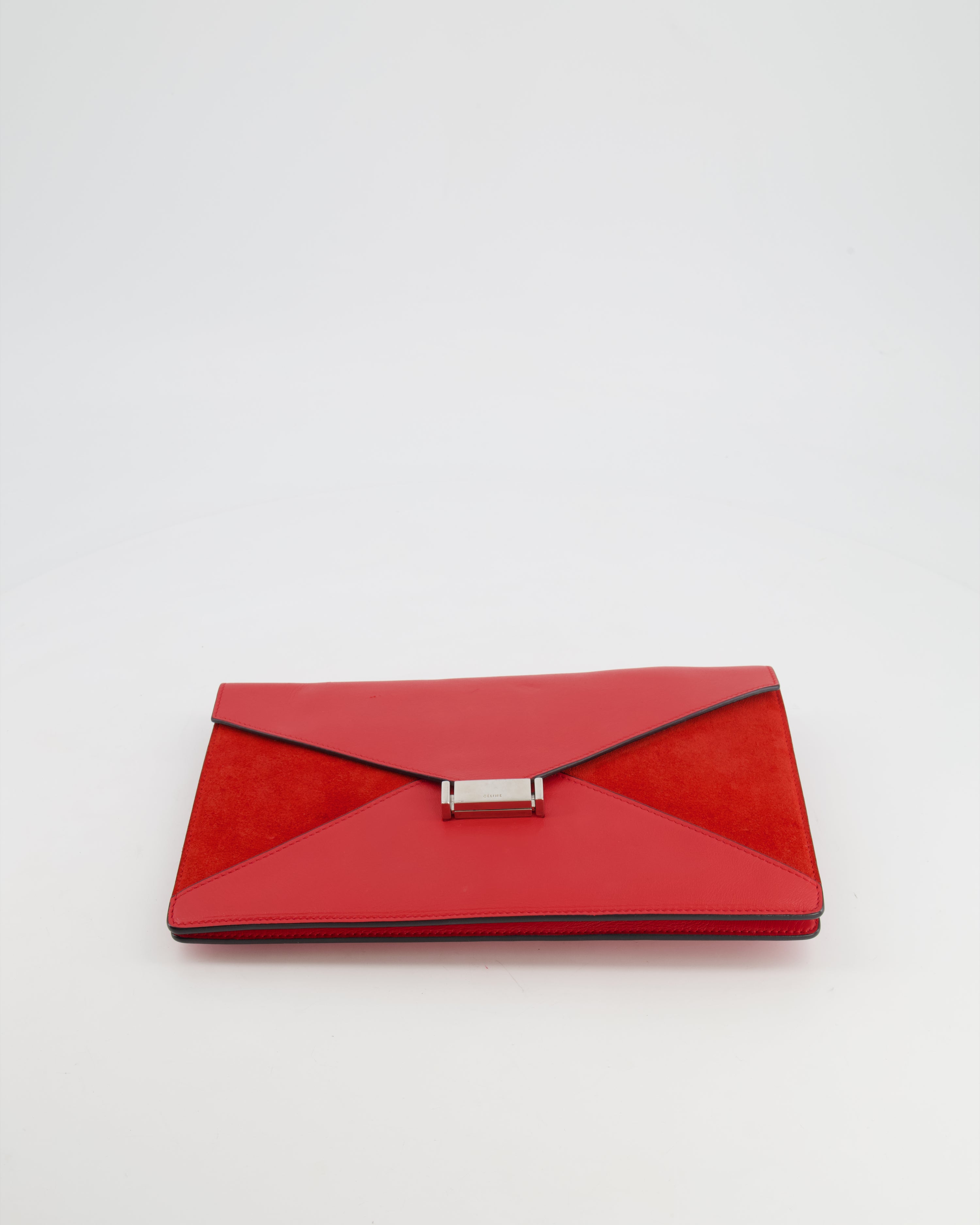 Celine Red Leather and Suede Envelope Pouch Bag with Silver Hardware