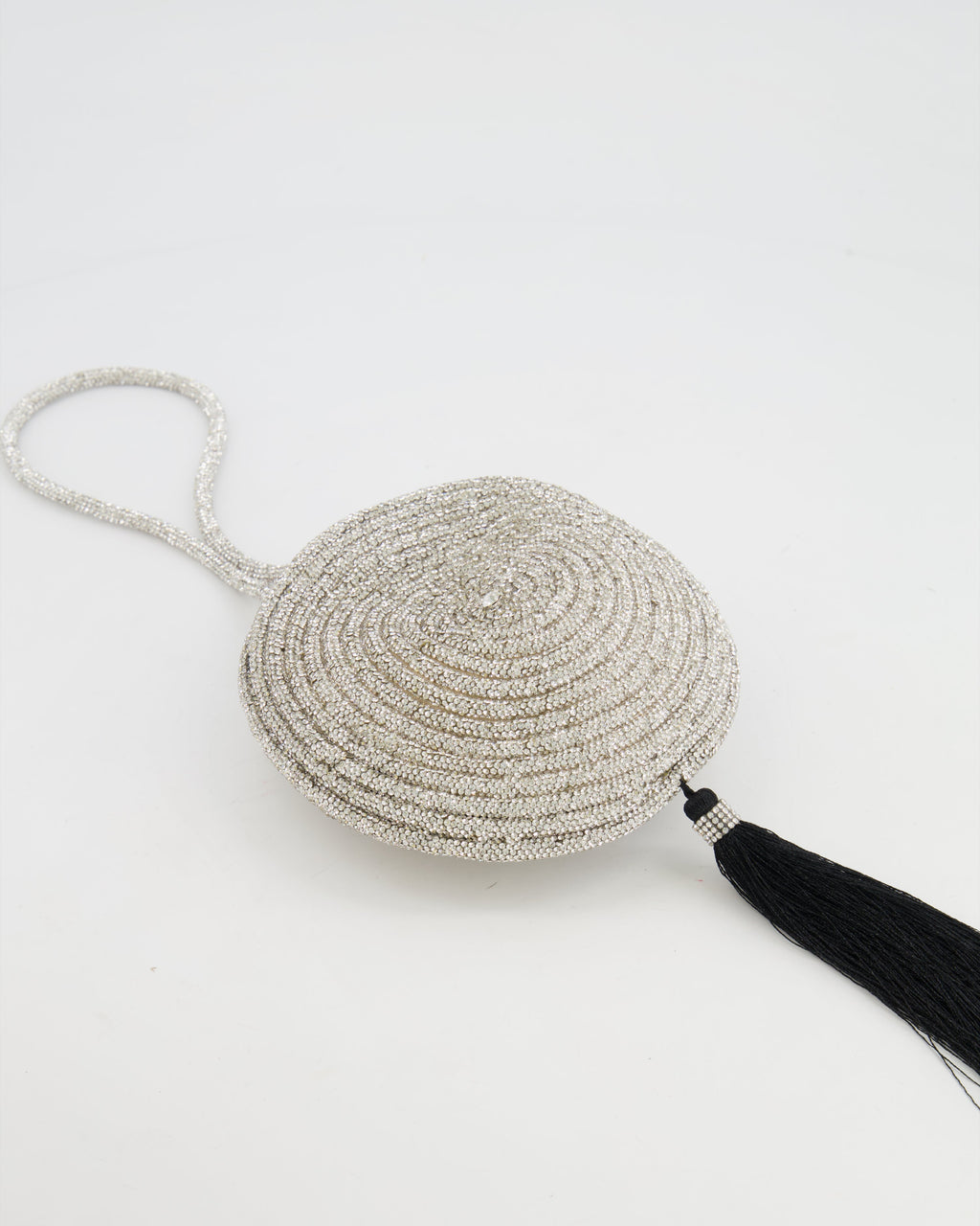 Nué Crystal Spiral Round Small Bag with Black Tassel Detail RRP £640