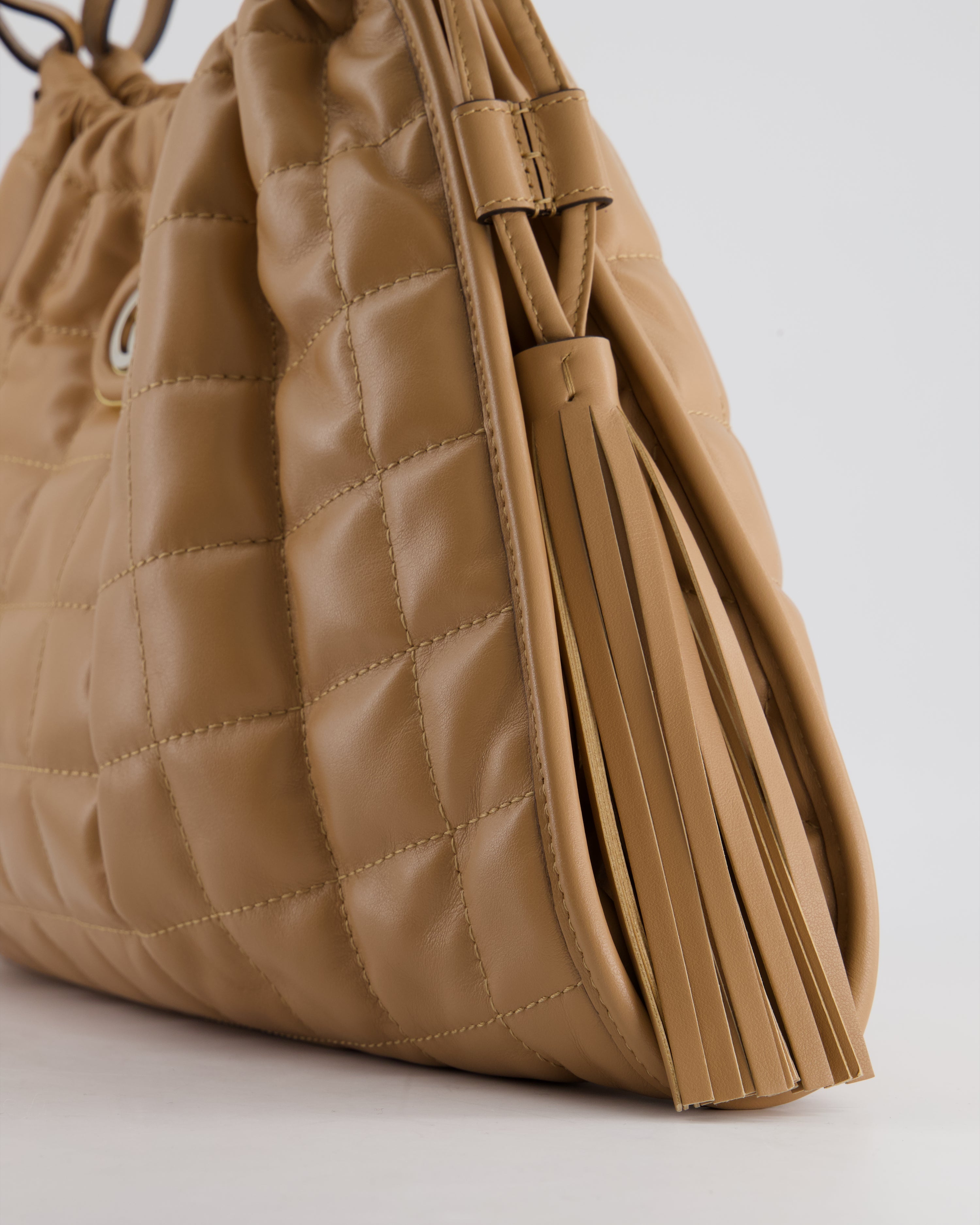 Gucci Beige Quilted Leather Shoulder Bag Dual Tone Hardware and Leather Tassels