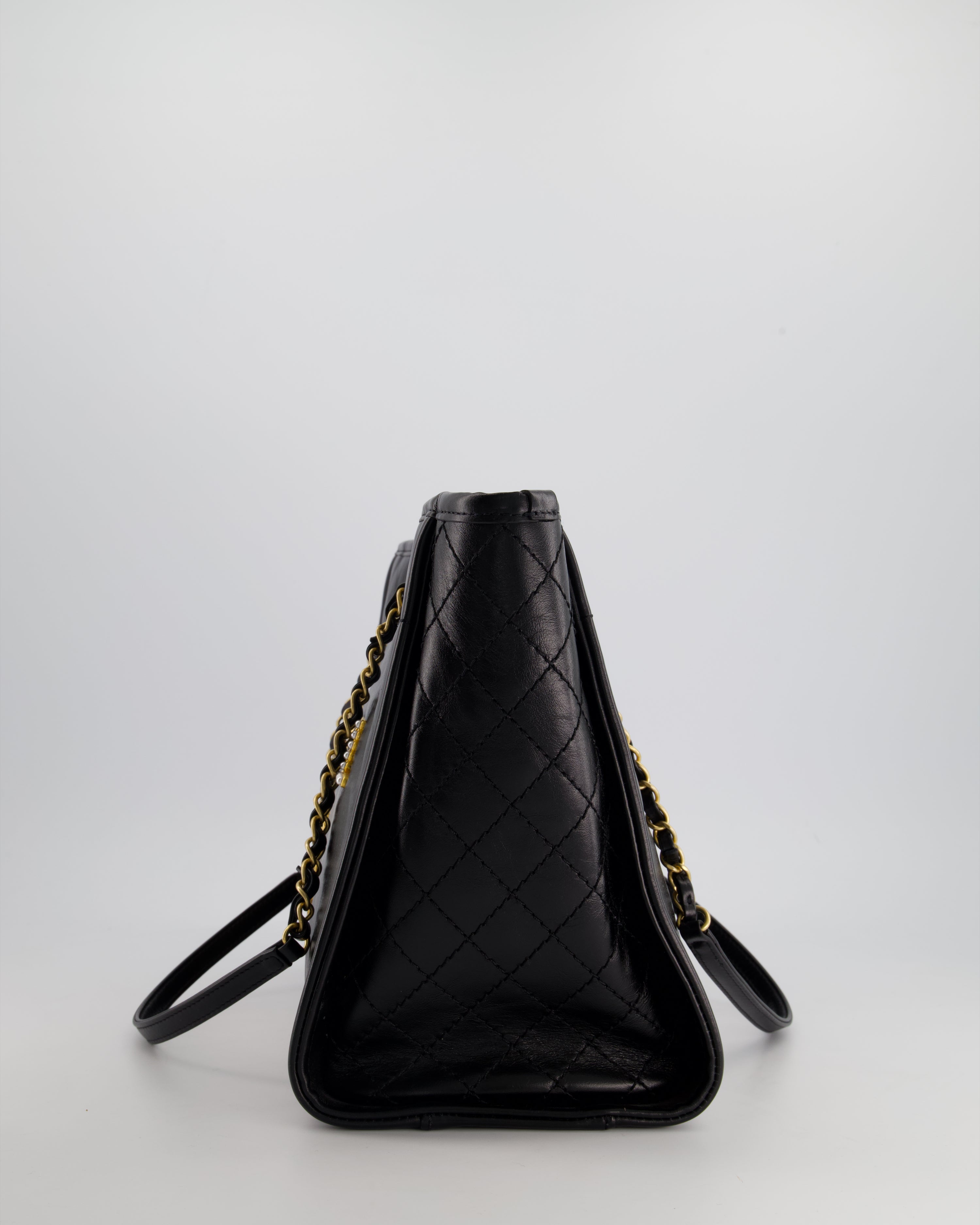 *HOT* Chanel Black Small Deauville Tote Bag in Shiny Calfskin Leather with Antique Gold Hardware and Pearl, Crystal Logo Detail