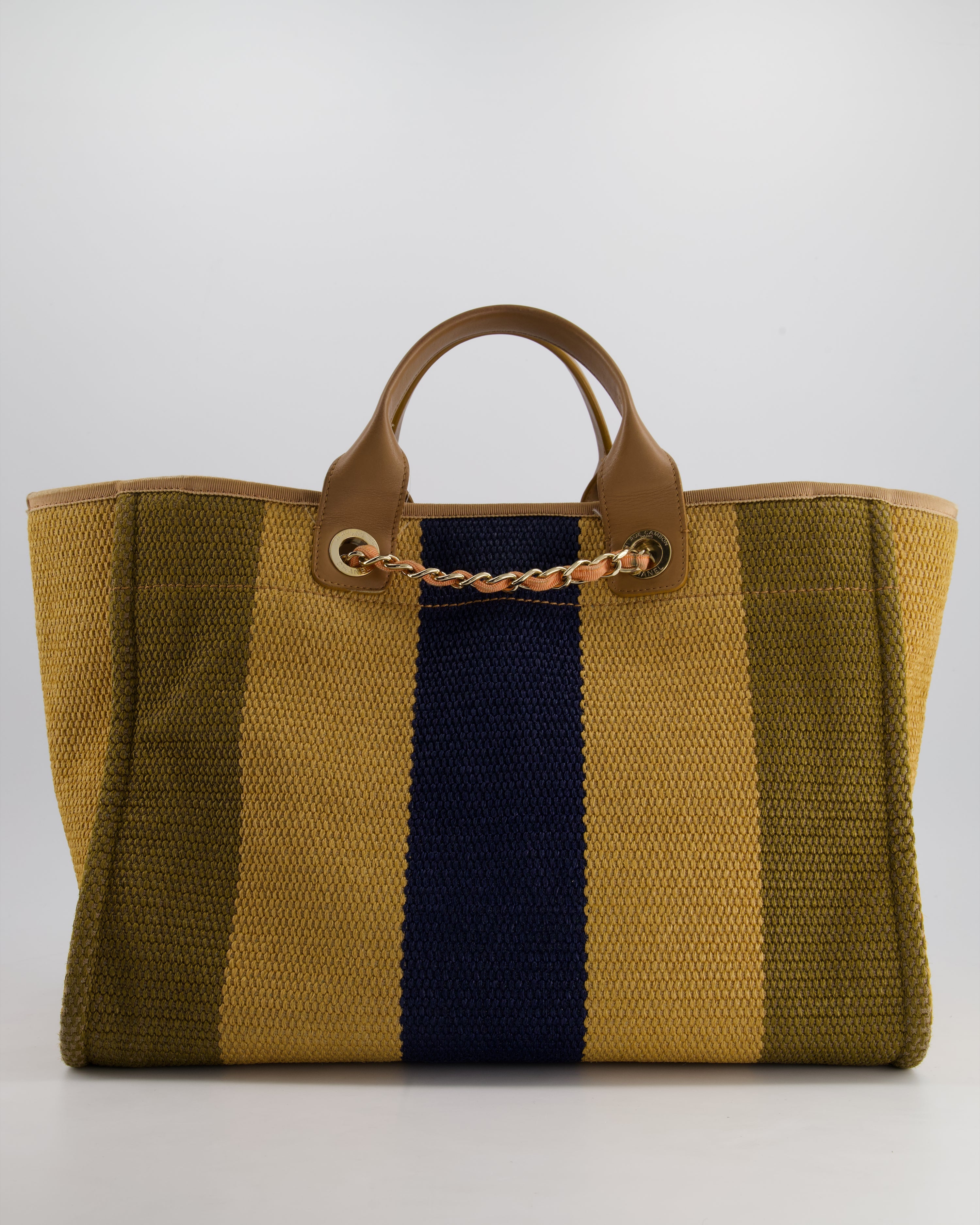 *HOT* Chanel Beige, Navy and Khaki Raffia Deauville Tote with Pastel Logo and Champagne Gold Hardware