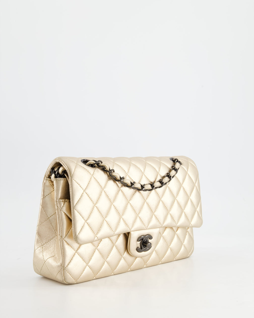 *SUPER RARE* Chanel Metallic Gold Medium Classic Double Flap Bag in Lambskin Leather with Black Hardware