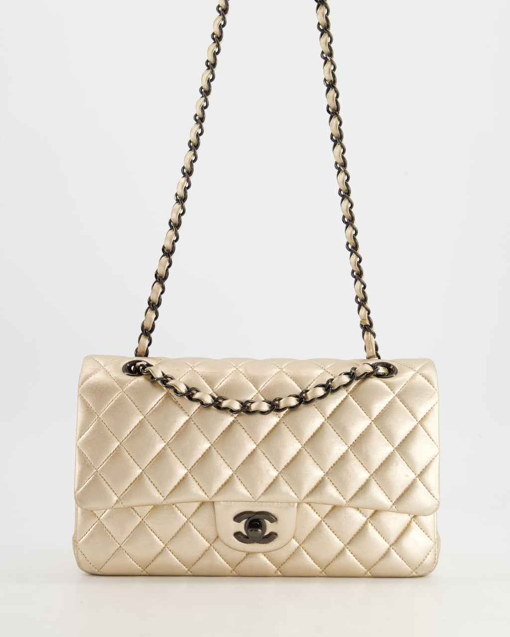 *SUPER RARE* Chanel Metallic Gold Medium Classic Double Flap Bag in Lambskin Leather with Black Hardware