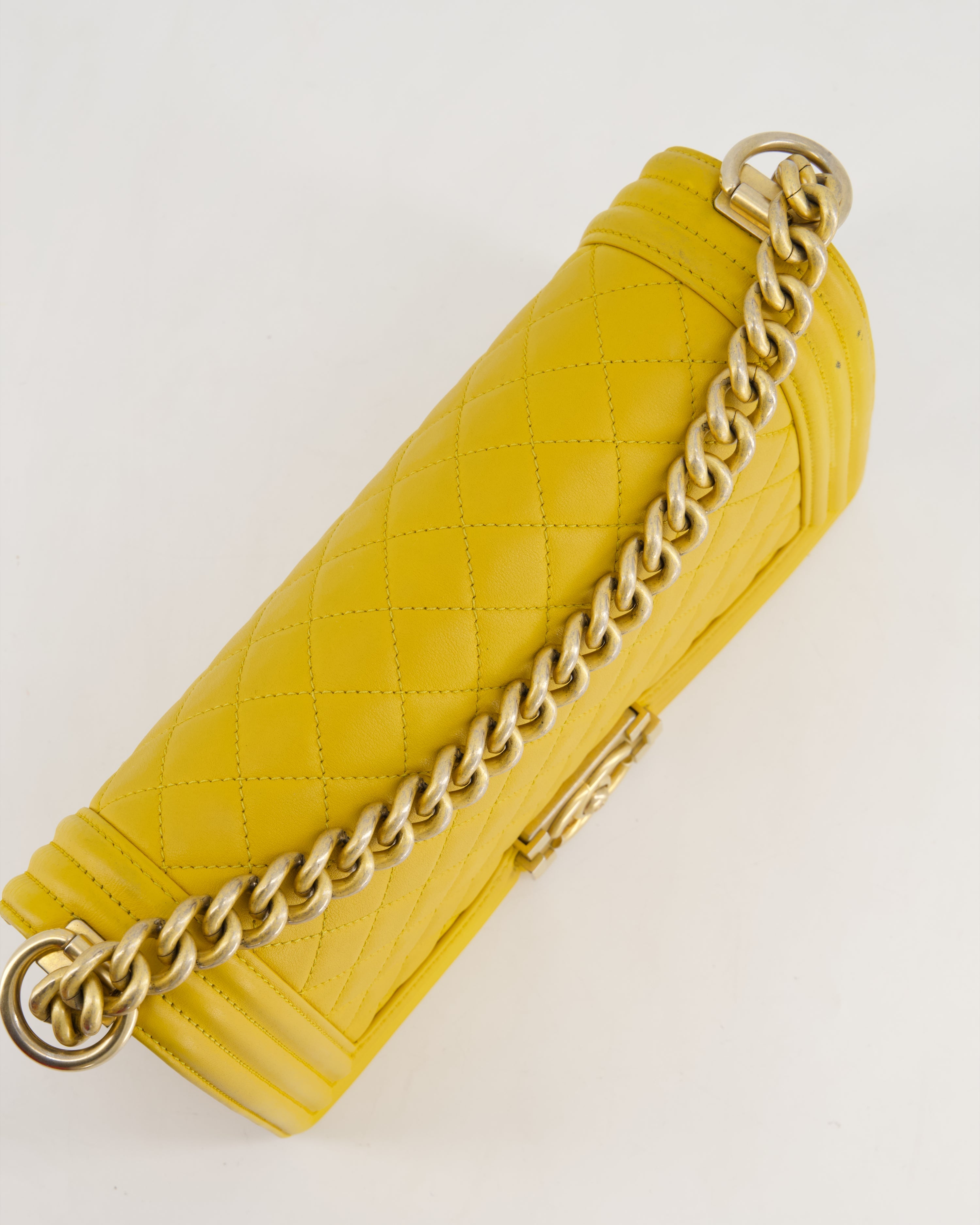 Chanel Mustard Yellow Medium Boy Bag in Calfskin Leather with Antique Gold Hardware