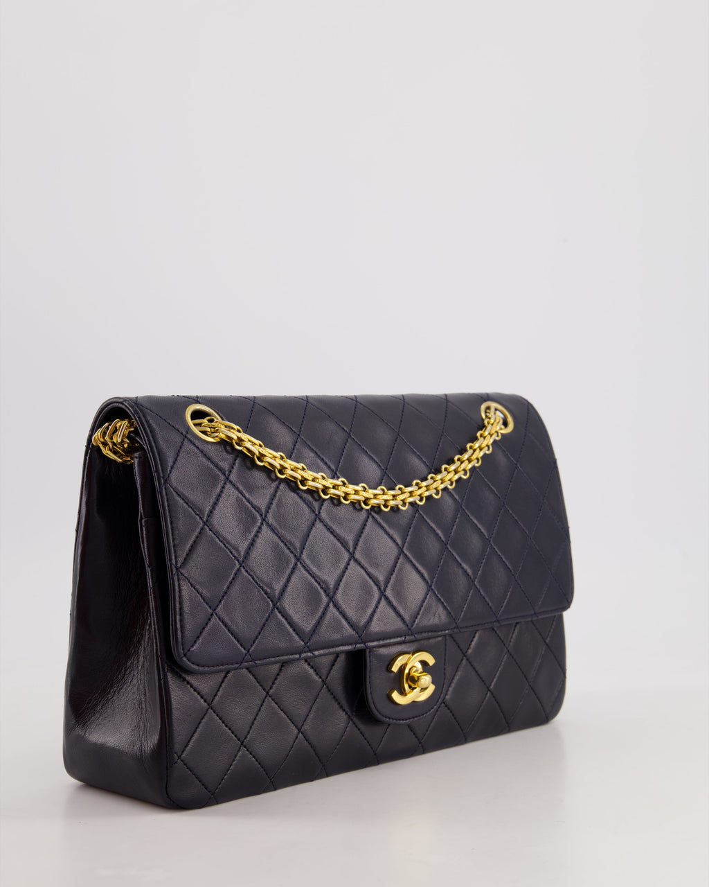 *RARE* Chanel Navy Vintage Classic Medium Double Flap Bag in Lambskin Leather with 24K Gold Hardware & 2.55 Chain Detail