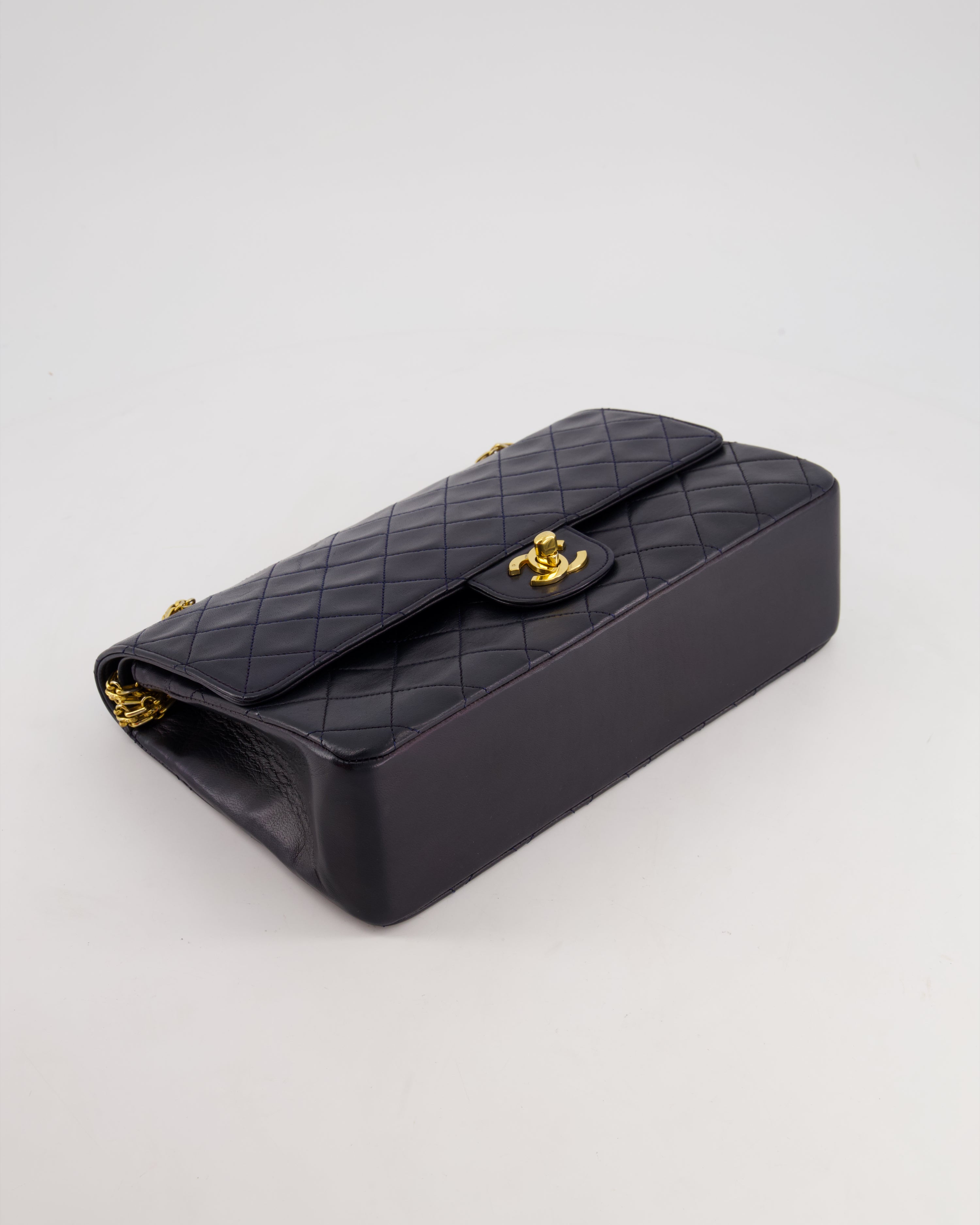 *RARE* Chanel Navy Vintage Classic Medium Double Flap Bag in Lambskin Leather with 24K Gold Hardware & 2.55 Chain Detail