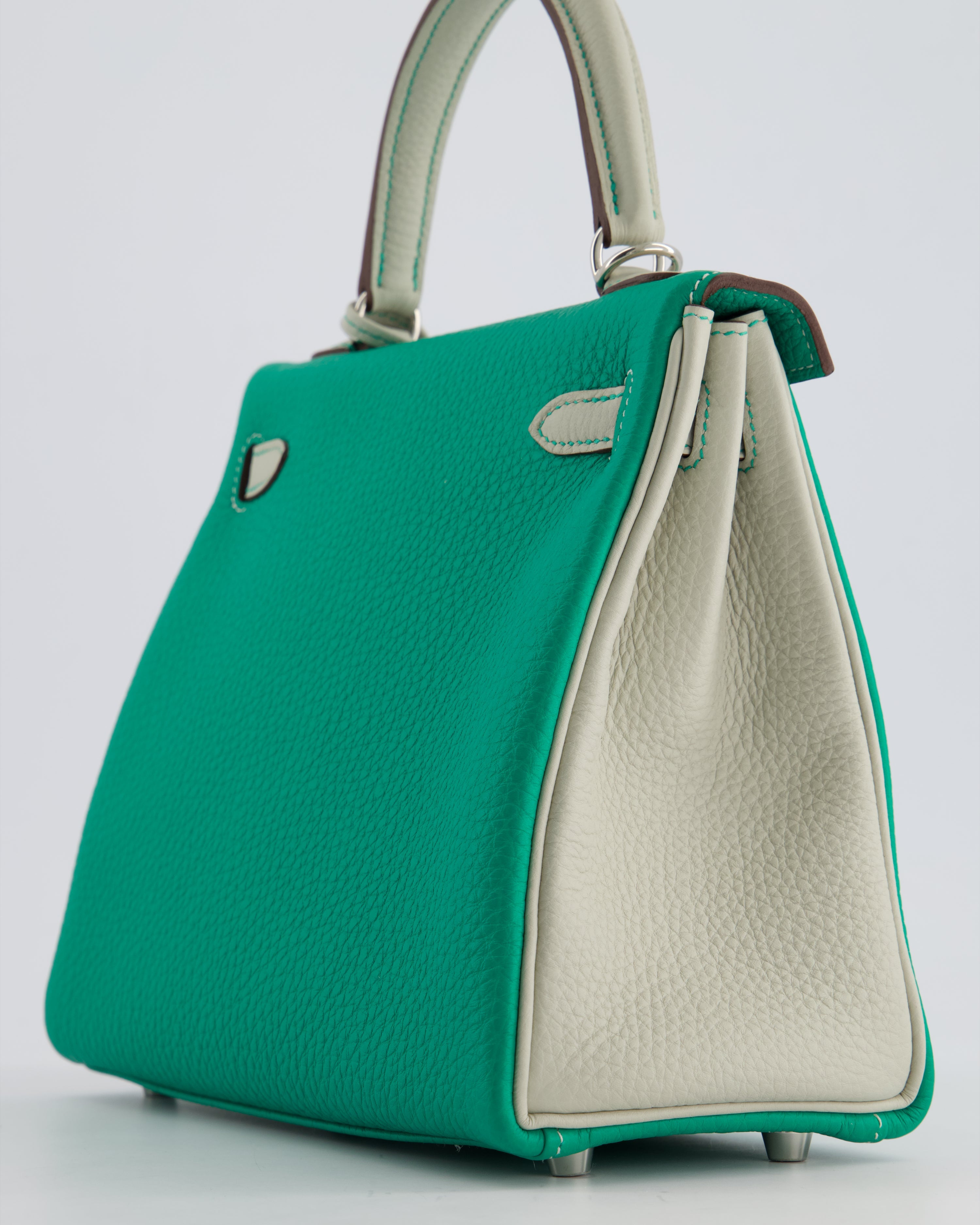 *SUPER RARE* Hermès HSS Kelly 25 Retourne Bag in Vert Vertigo & Gris Perle Togo Leather with Palladium Hardware & Contrast Stitching